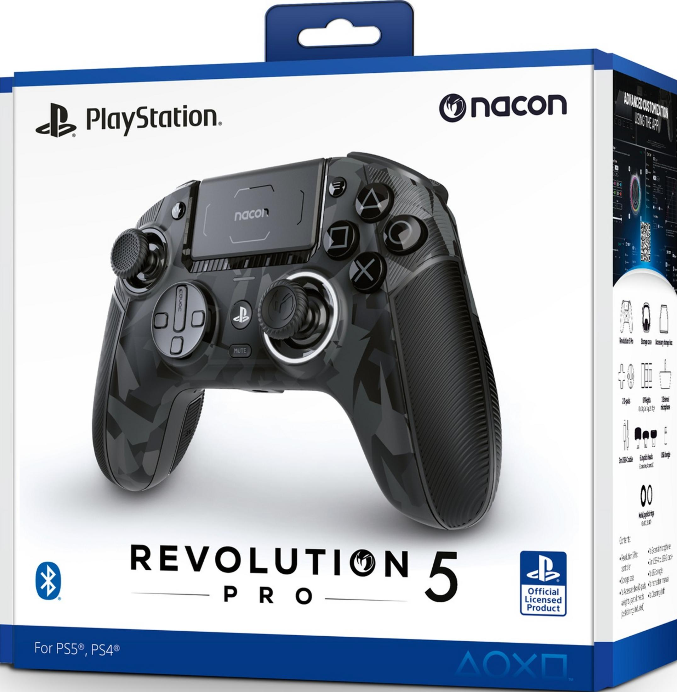Verpackung eines schwarzen Nacon Revolution 5 Pro Controllers für PS5/PS4.