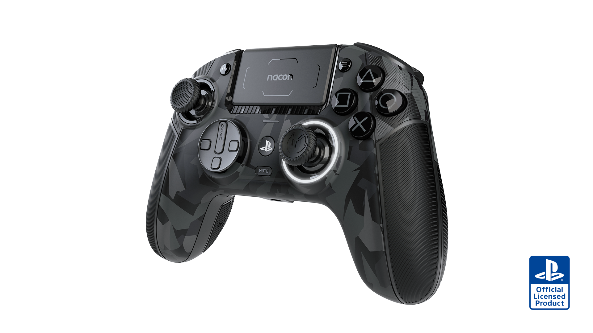 Schwarzer Gaming-Controller mit Tarnmuster und leuchtendem Ring.