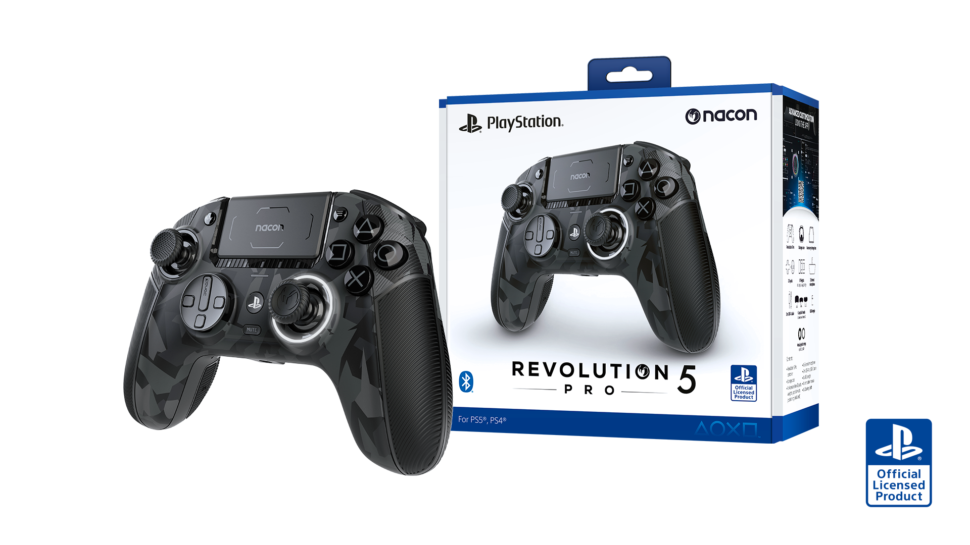 Ein schwarzer Nacon Revolution 5 Pro Controller mit Tarnmuster und Verpackung.