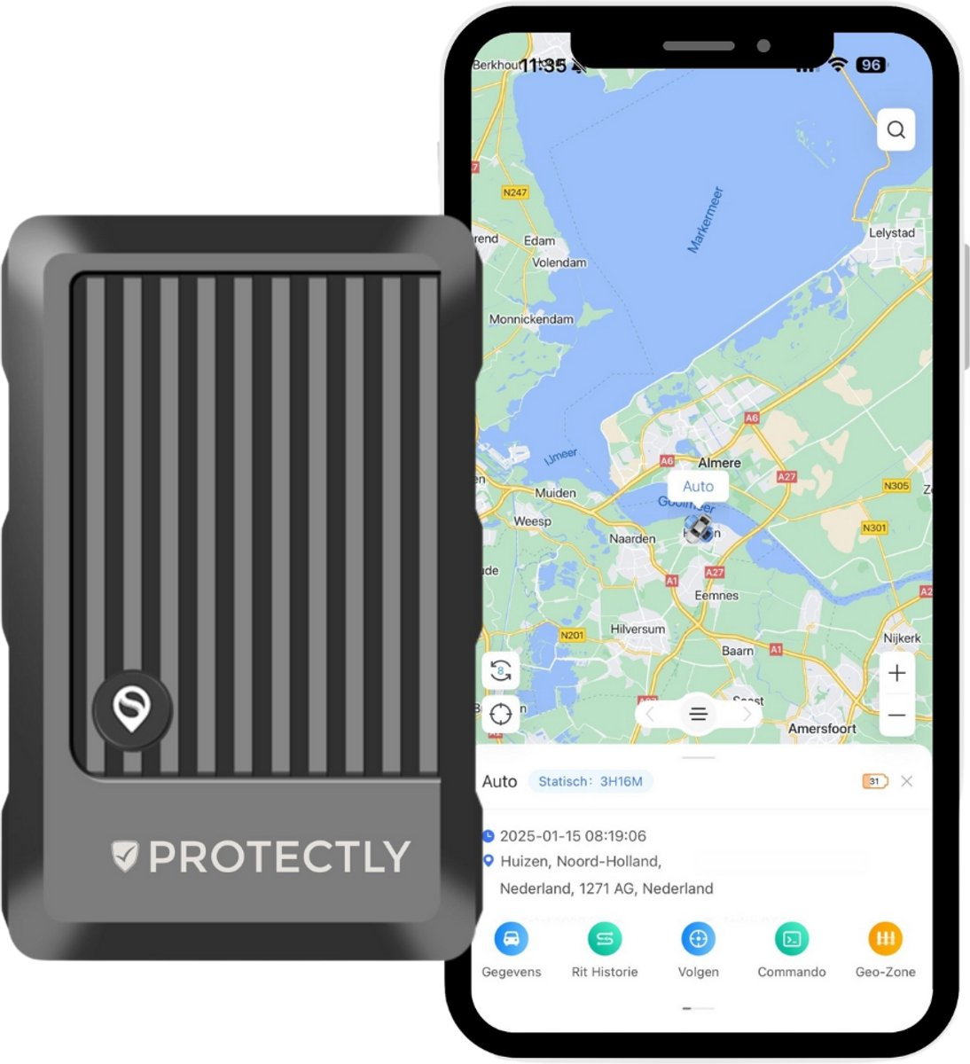 Een grijs GPS-apparaat naast een smartphone met een kaart van Amsterdam.