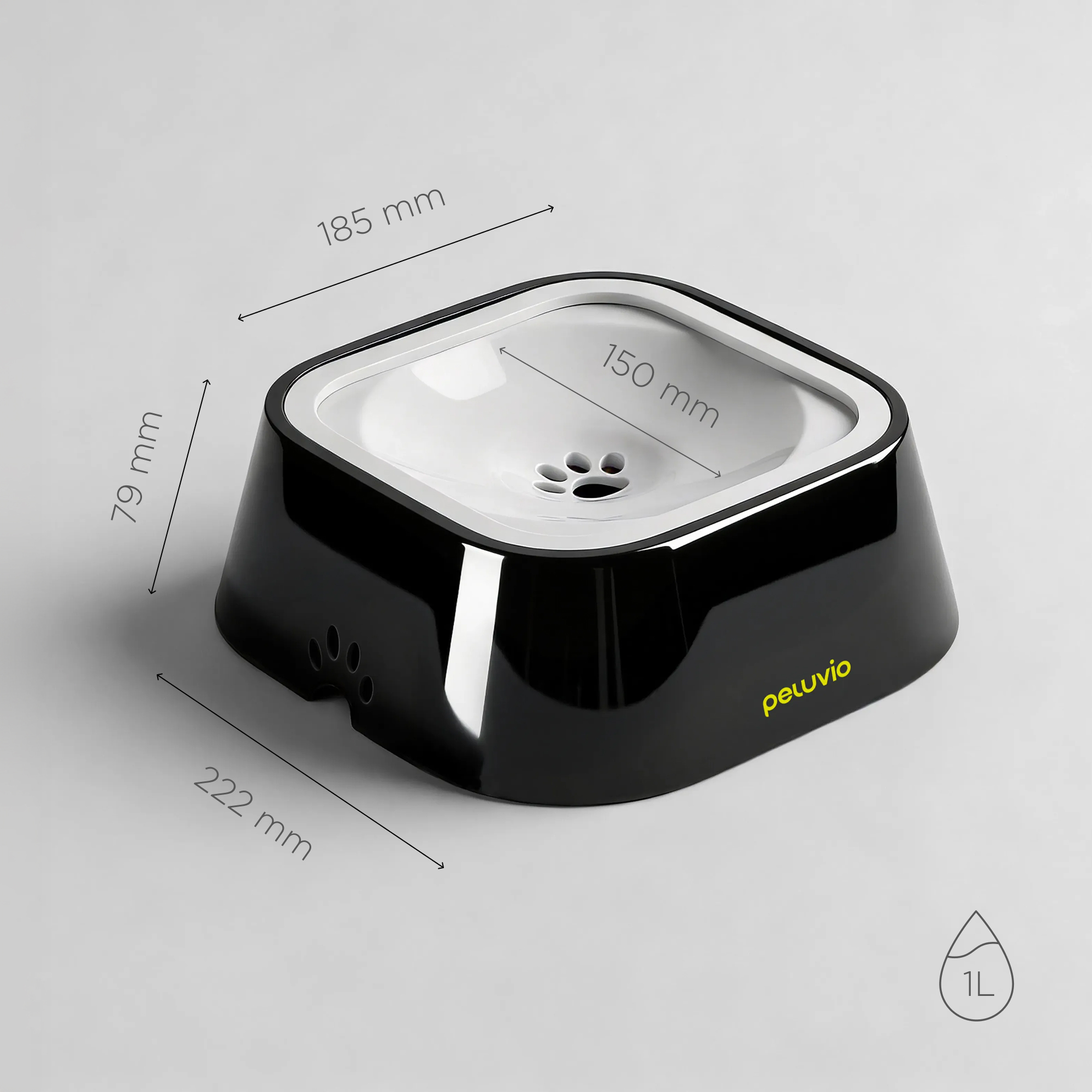 Schwarzer, glänzender Napf mit weißen Maßen und Pfotenabdruck-Design.