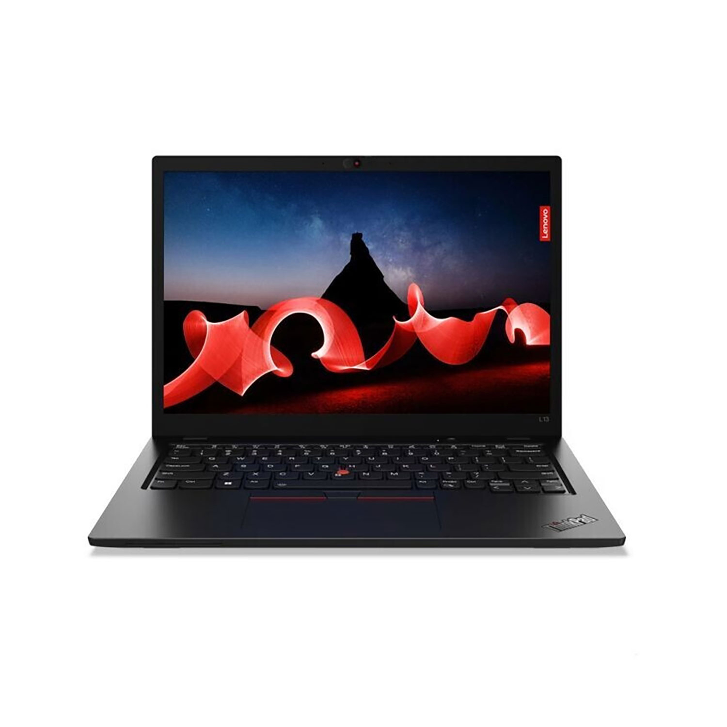Ein schwarzer Laptop mit offenem Bildschirm, der ein abstraktes rotes Muster zeigt.