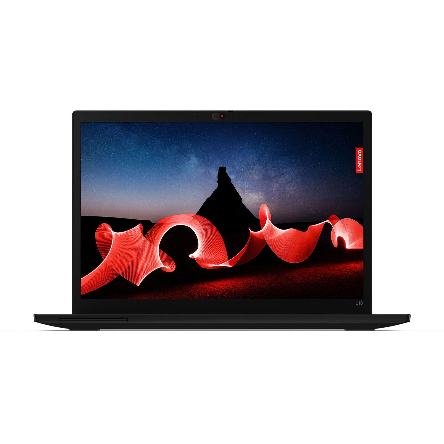 Ein schwarzer Laptop mit einem leuchtend roten Muster auf dem Bildschirm.