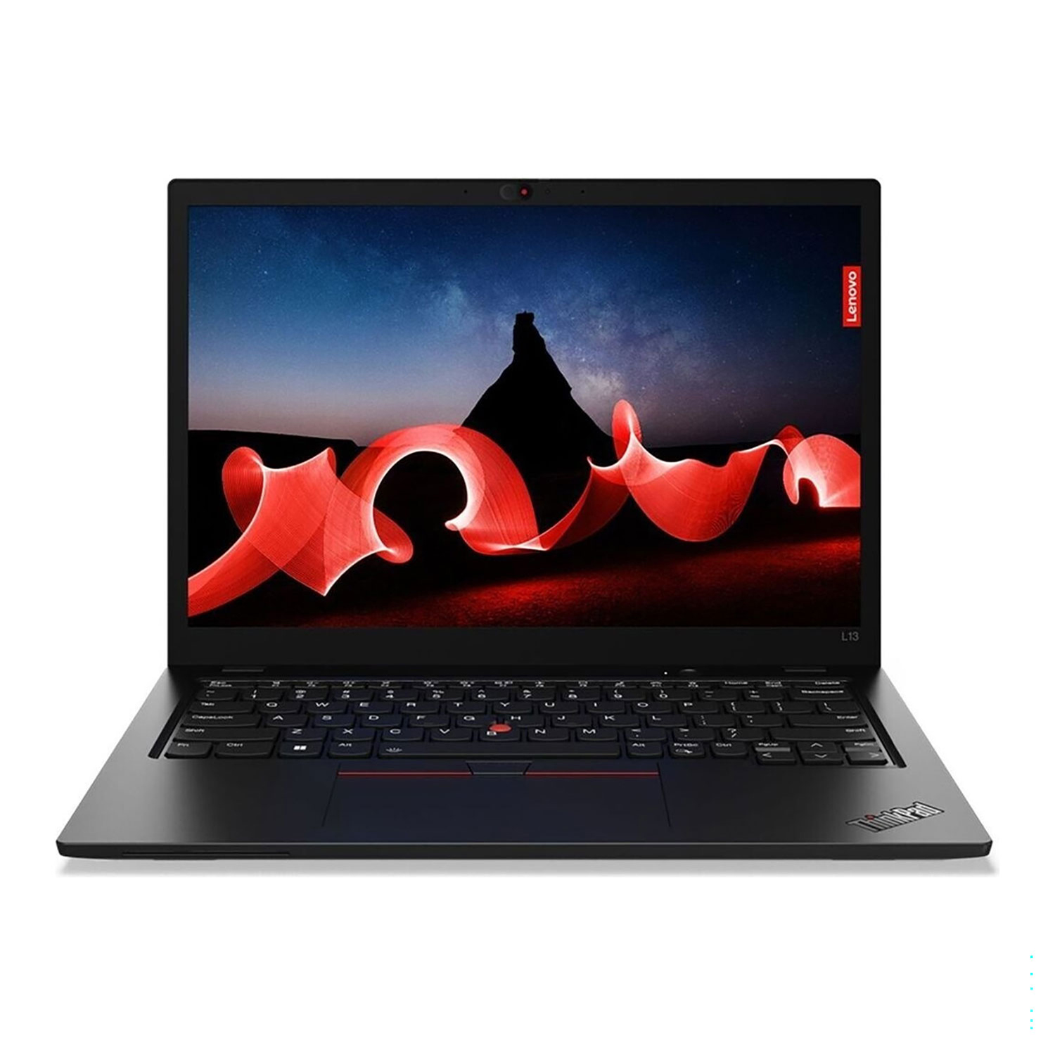 Schwarzer Laptop mit leuchtend roten Lichtband-Grafiken auf dem Bildschirm.