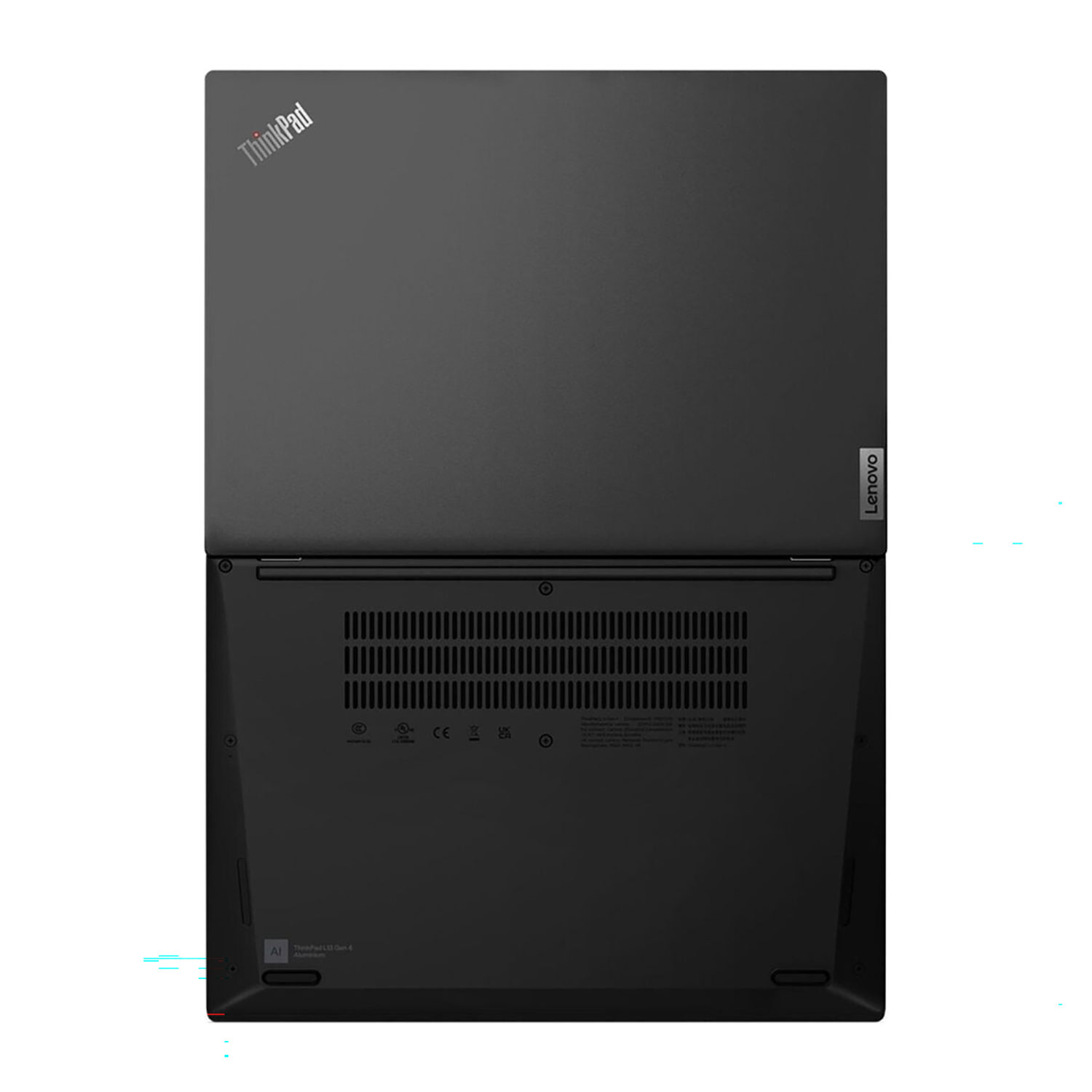 Schwarzer Lenovo ThinkPad Laptop, Draufsicht, zeigt Deckel und Boden mit Lüftungsschlitzen.