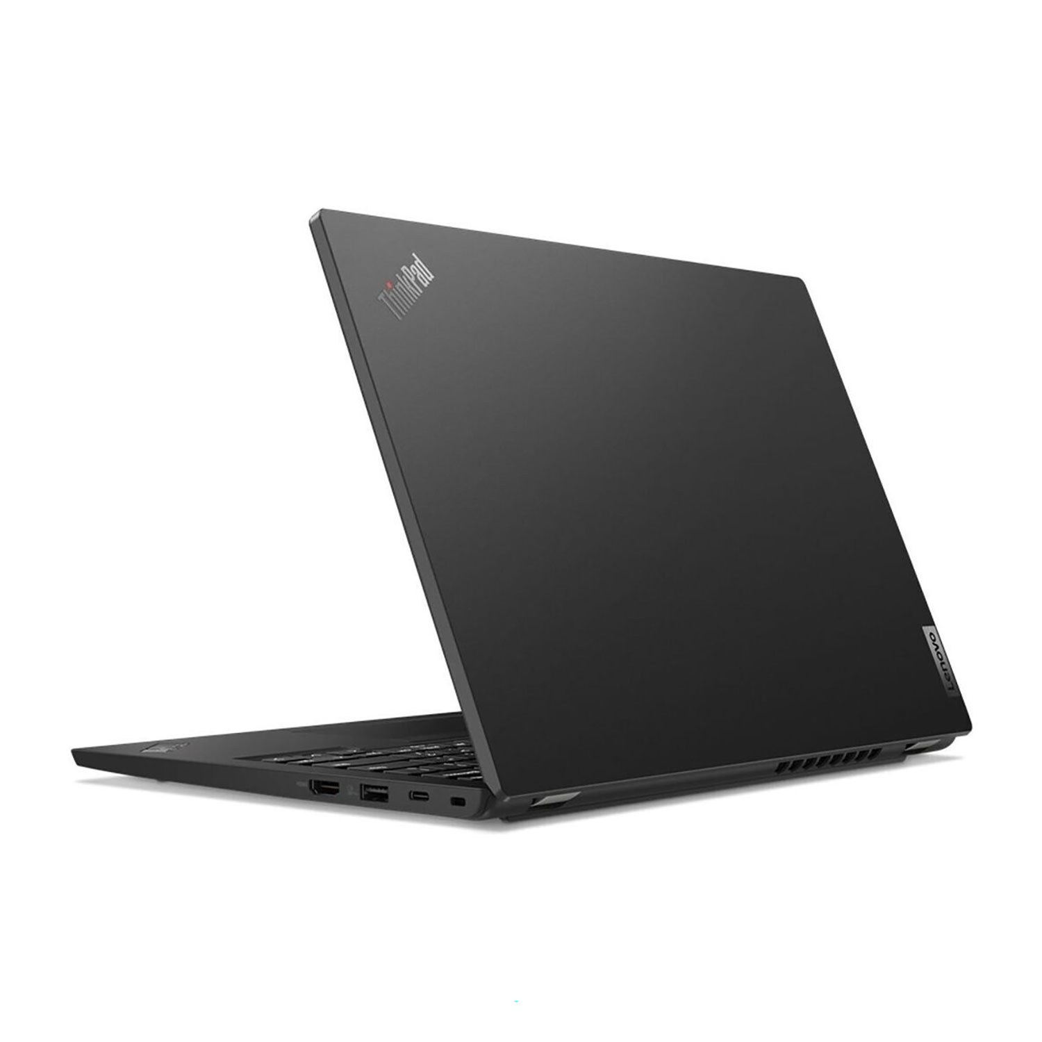 Schwarzer Laptop mit ThinkPad-Logo, auf weißem Hintergrund.