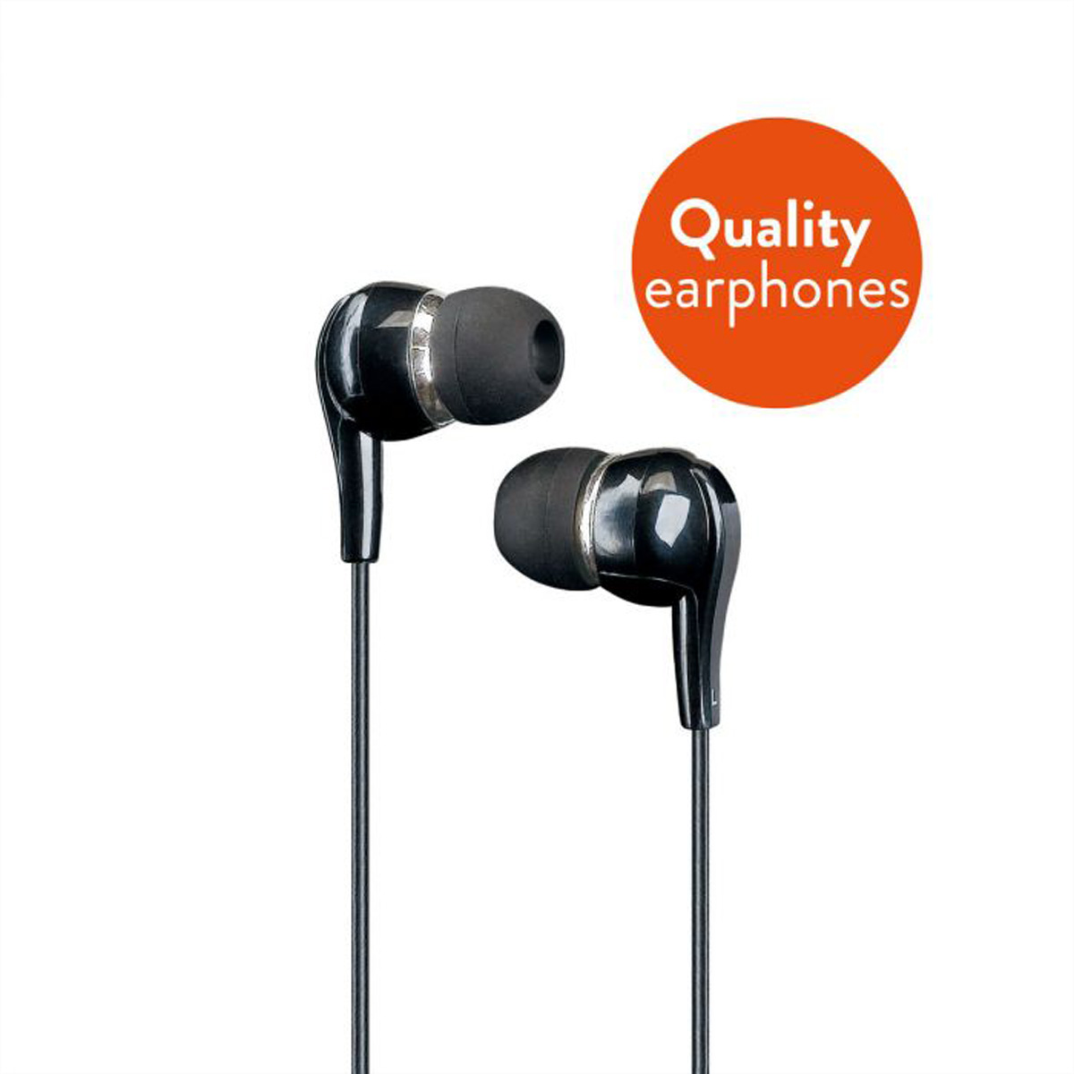 Błyszczące czarne słuchawki z czarnymi końcówkami i pomarańczowym kółkiem.