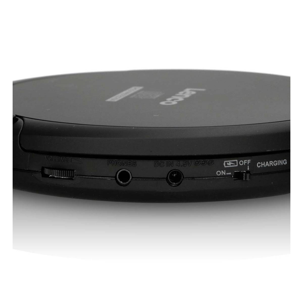 Czarny przenośny odtwarzacz CD z pokrętłem głośności, gniazdem słuchawkowym, wejściem DC i.