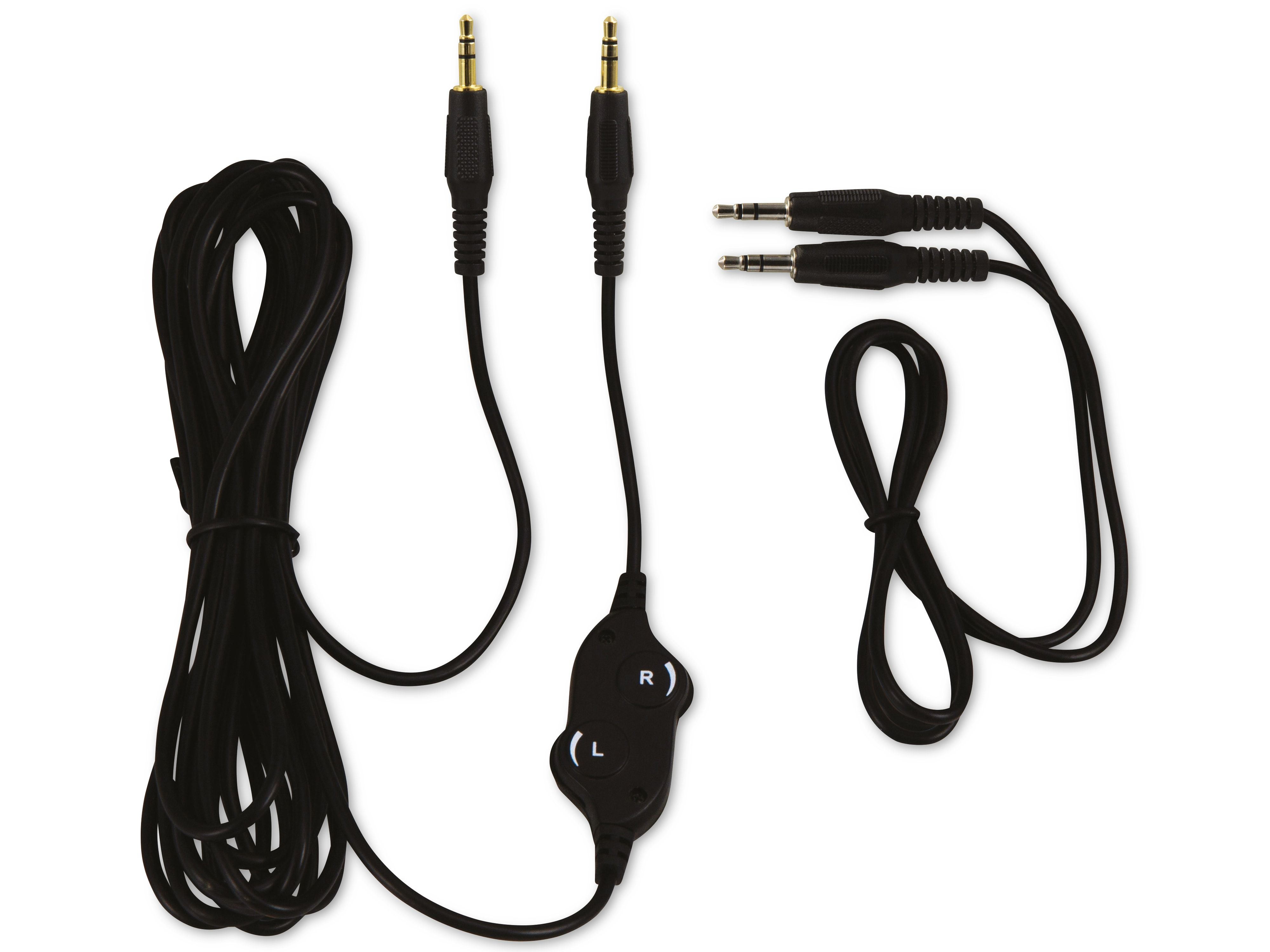 Schwarzes Audiokabel mit 3,5mm Steckern, Regler und separatem Kabel.