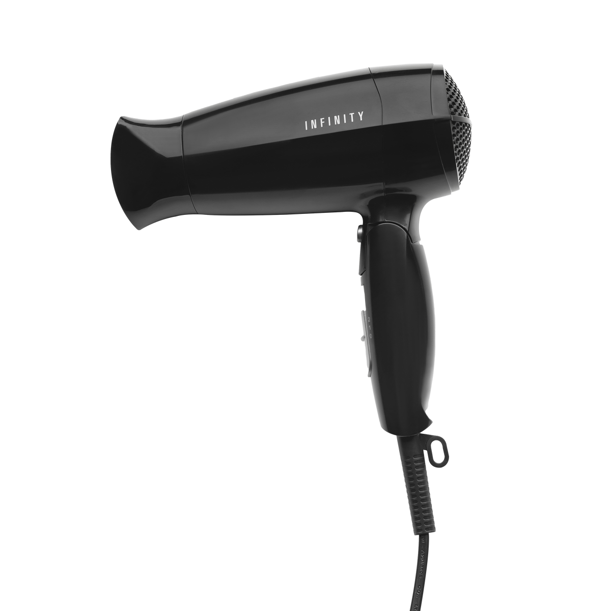 Czarna suszarka do włosów z nazwą marki INFINITY na obudowie.