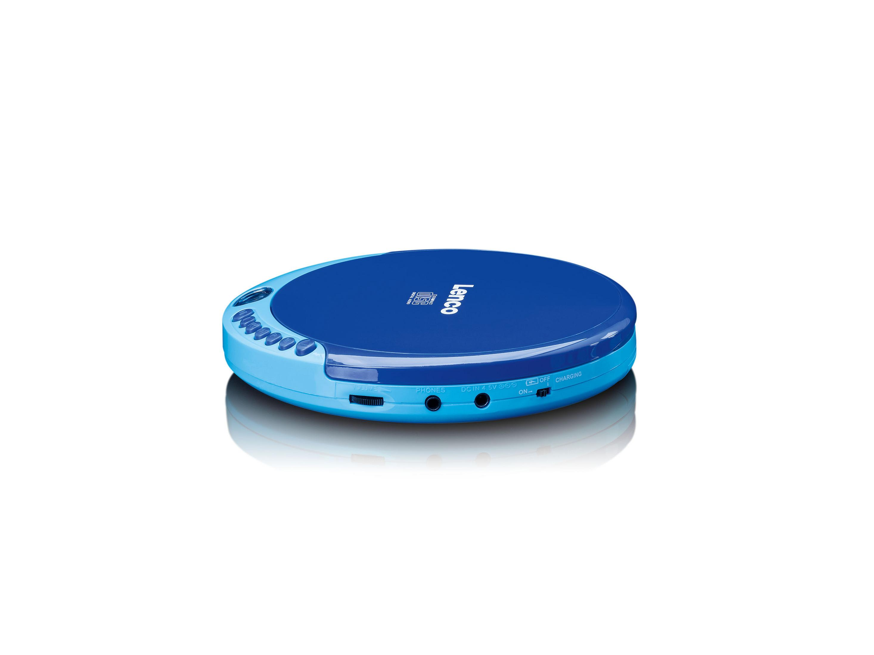 Niebieski przenośny odtwarzacz CD Lenco z przyciskami i portami po bokach.