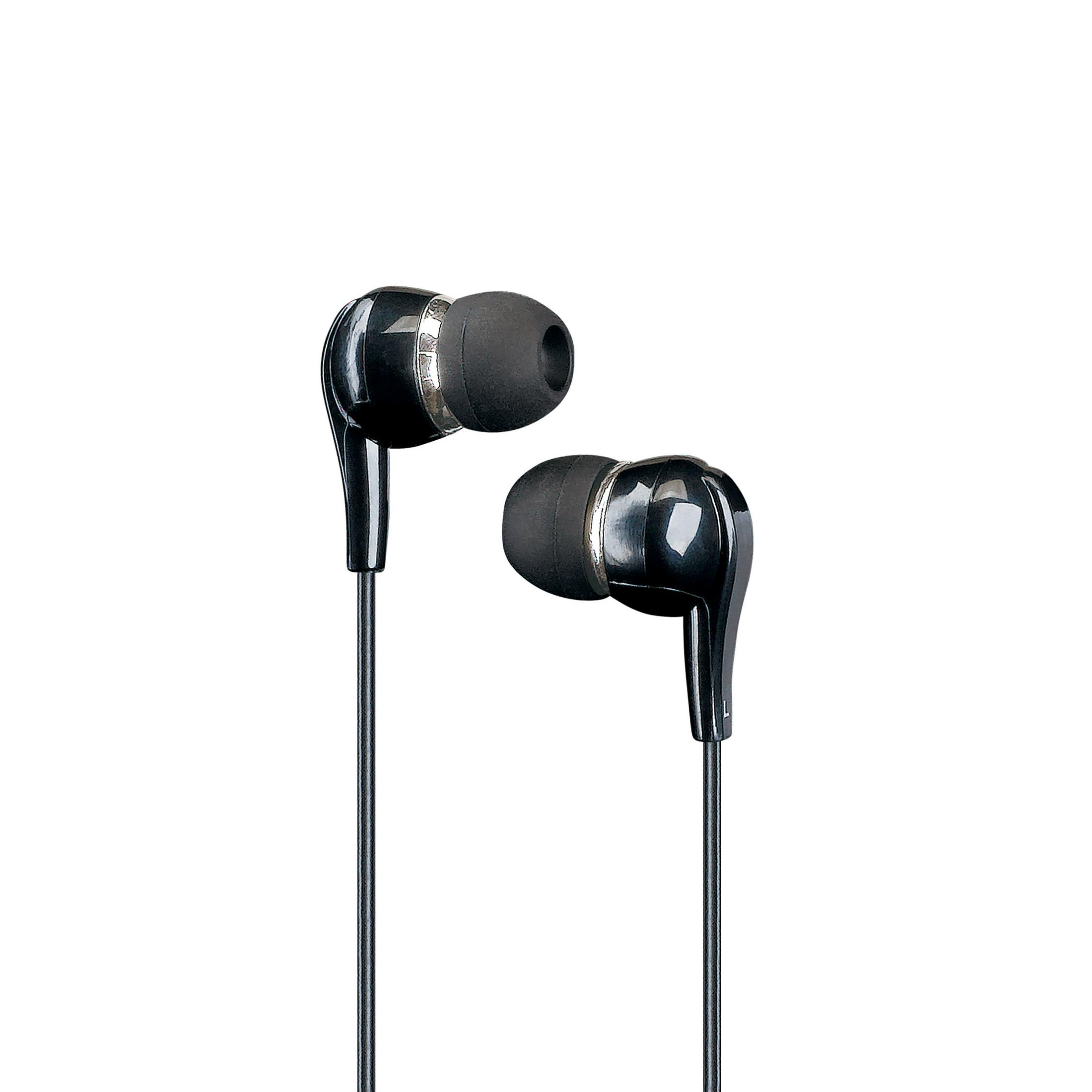 Czarne słuchawki douszne ze srebrnymi akcentami na białym tle.