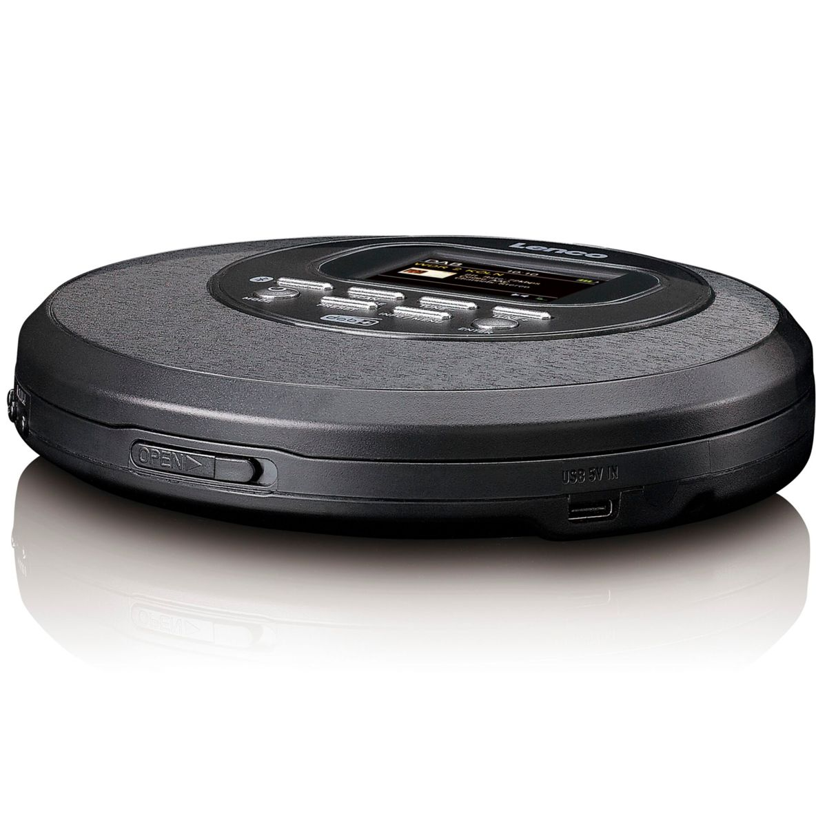 Czarny przenośny odtwarzacz CD z srebrnymi przyciskami i małym ekranem.