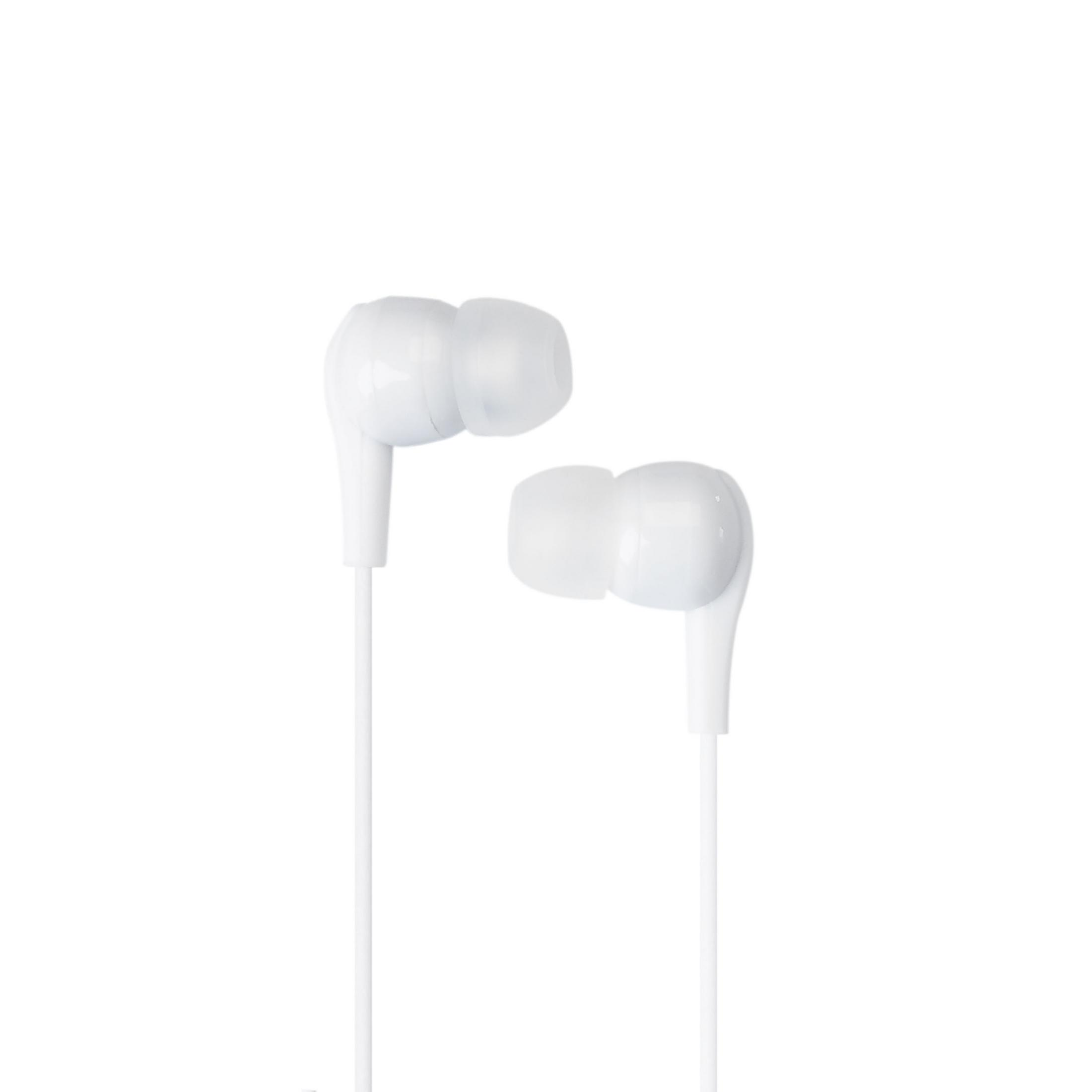 Weiße In-Ear-Kopfhörer mit Kabel, isoliert auf weißem Hintergrund.
