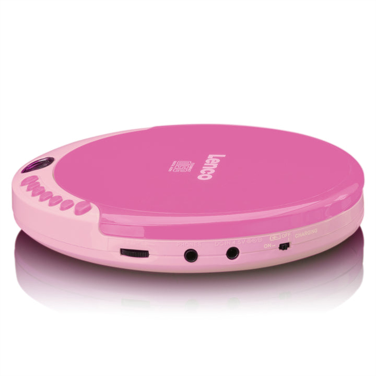 Pinker Lenco tragbarer CD-Player mit Knöpfen seitlich und Anschlüssen vorne.
