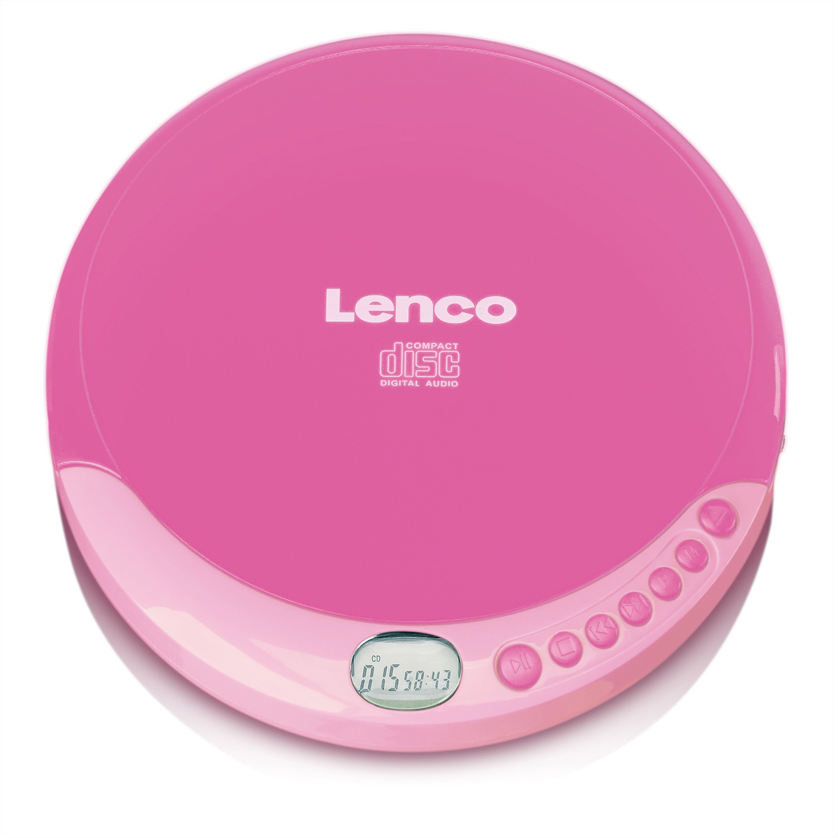 Ein rosafarbener Lenco CD-Player mit digitalen Audio- und Steuerungstasten.