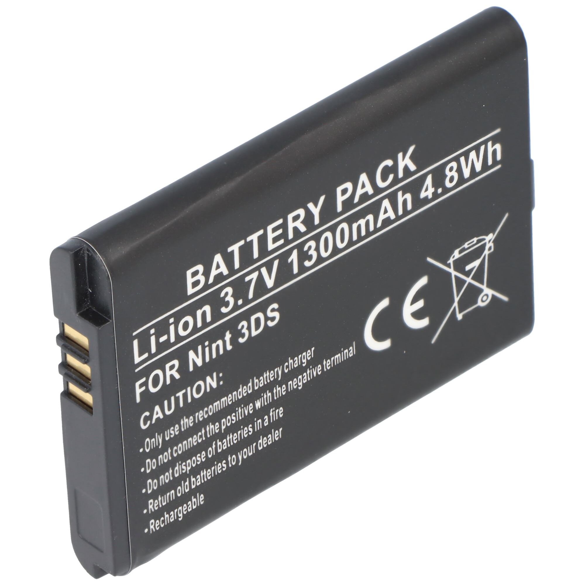 Schwarzer Akku für Nintendo 3DS, 3,7V 1300mAh, mit Warnhinweisen.