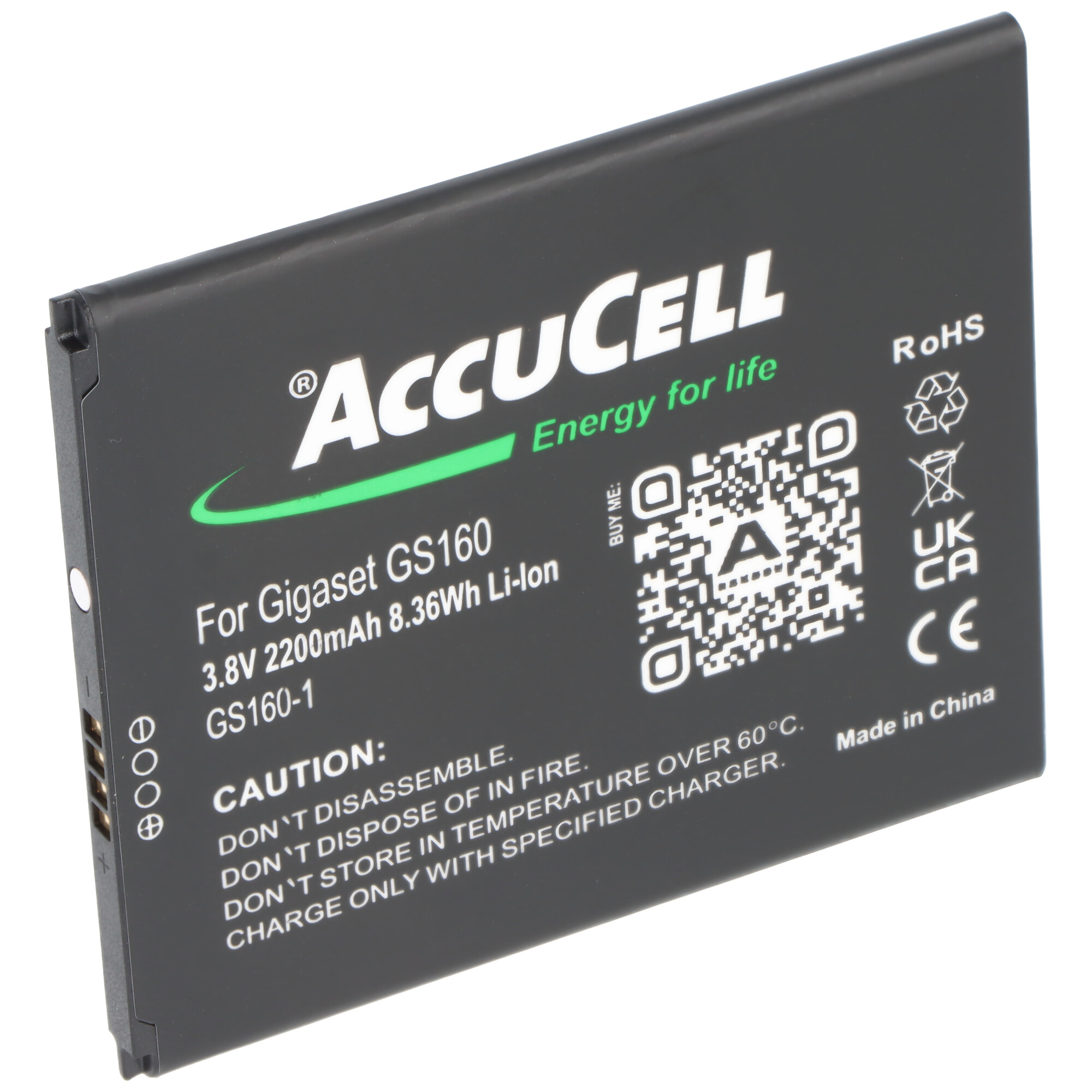 Schwarzer AccuCell Akku für Gigaset GS160, 3.8V 2200mAh Li-Ion.