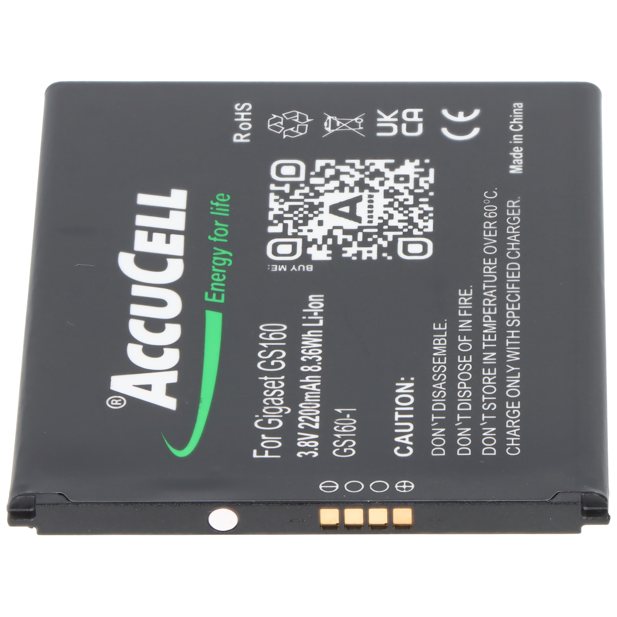 Schwarzer Akku mit Aufdruck: Accucell, Gigaset GS160, 3.8V 2200mAh, GS160-1.