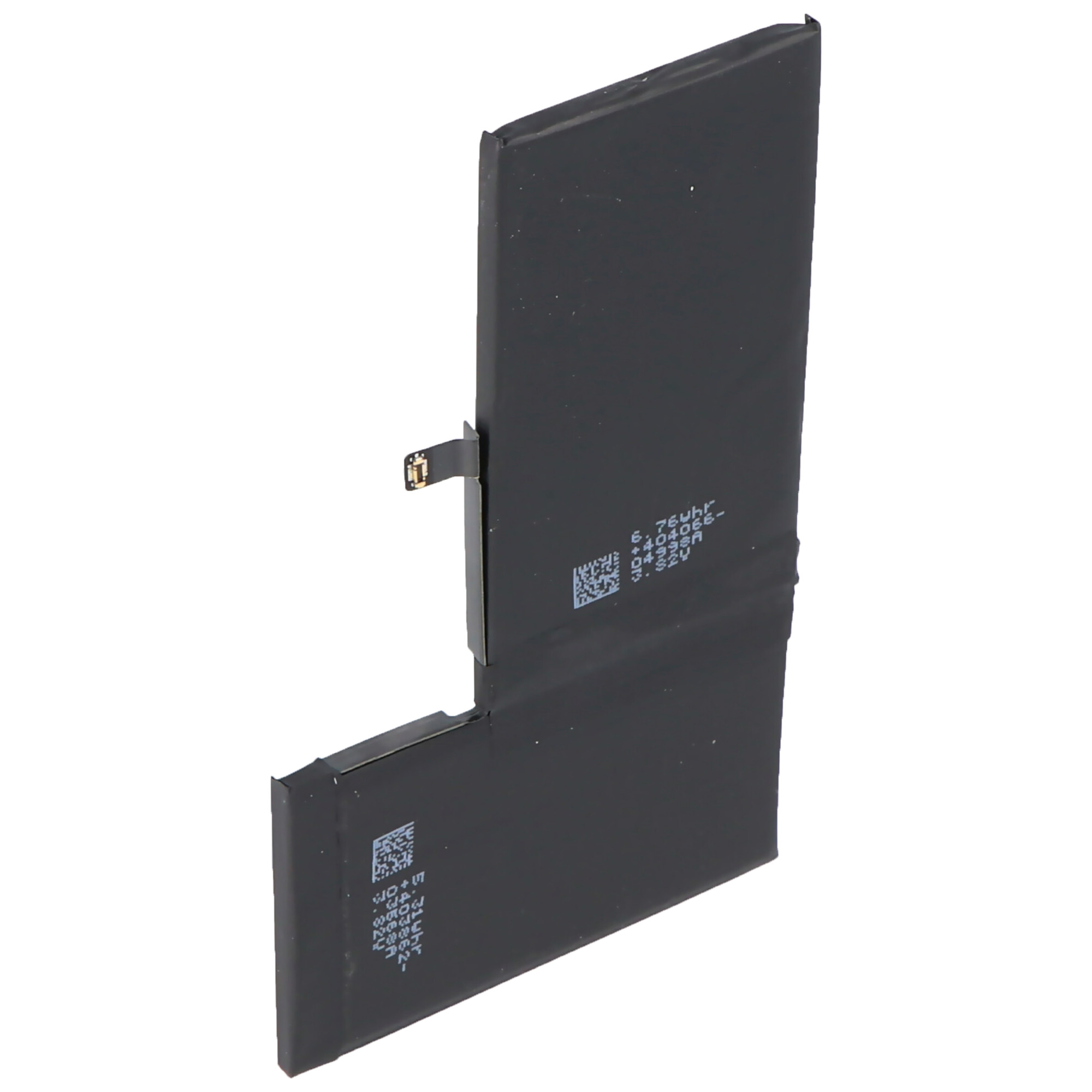 Batteria nera con cavo connettore argentato su sfondo bianco.