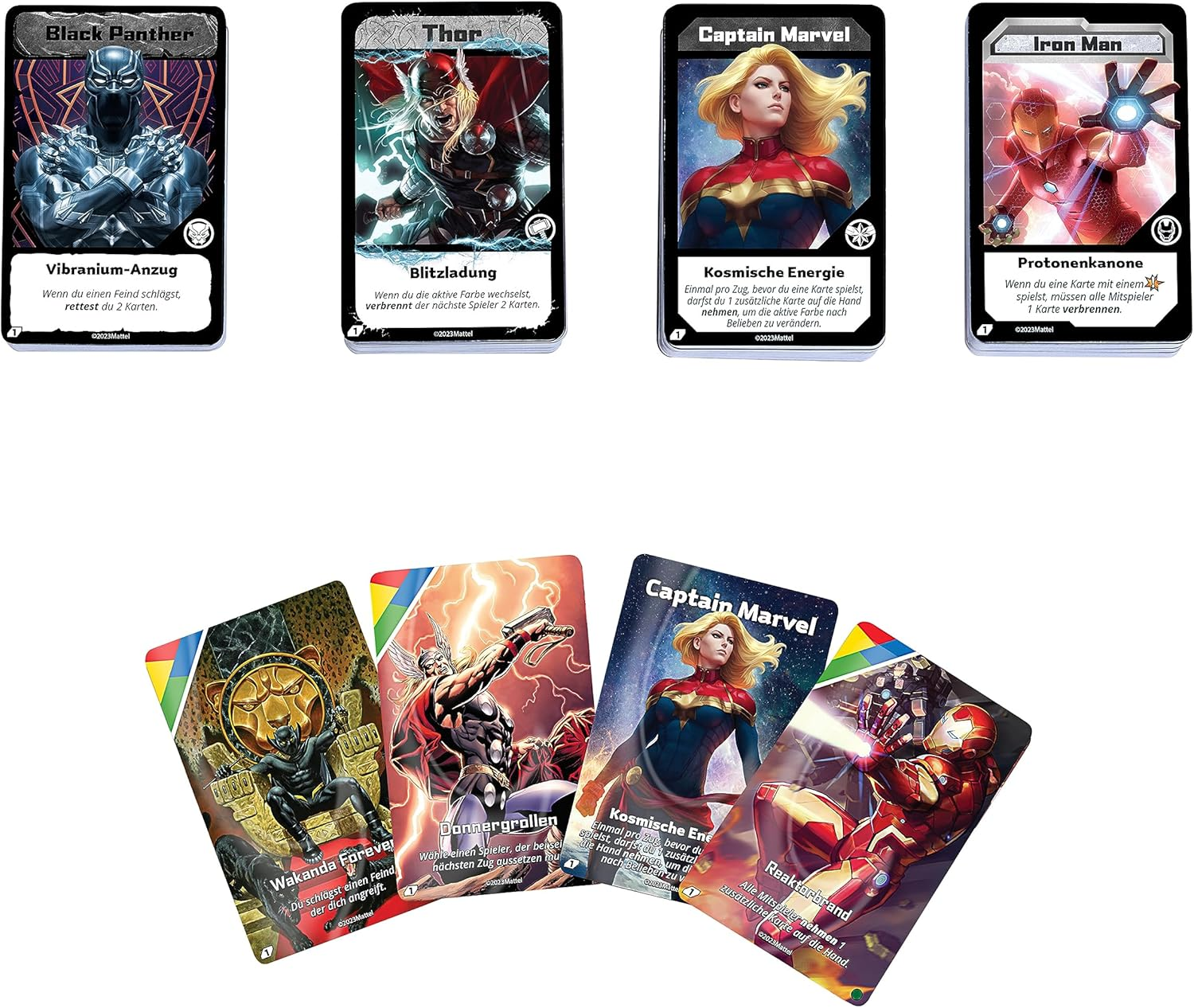 Marvel Heldenkarten: Black Panther, Thor, Captain Marvel, Iron Man.