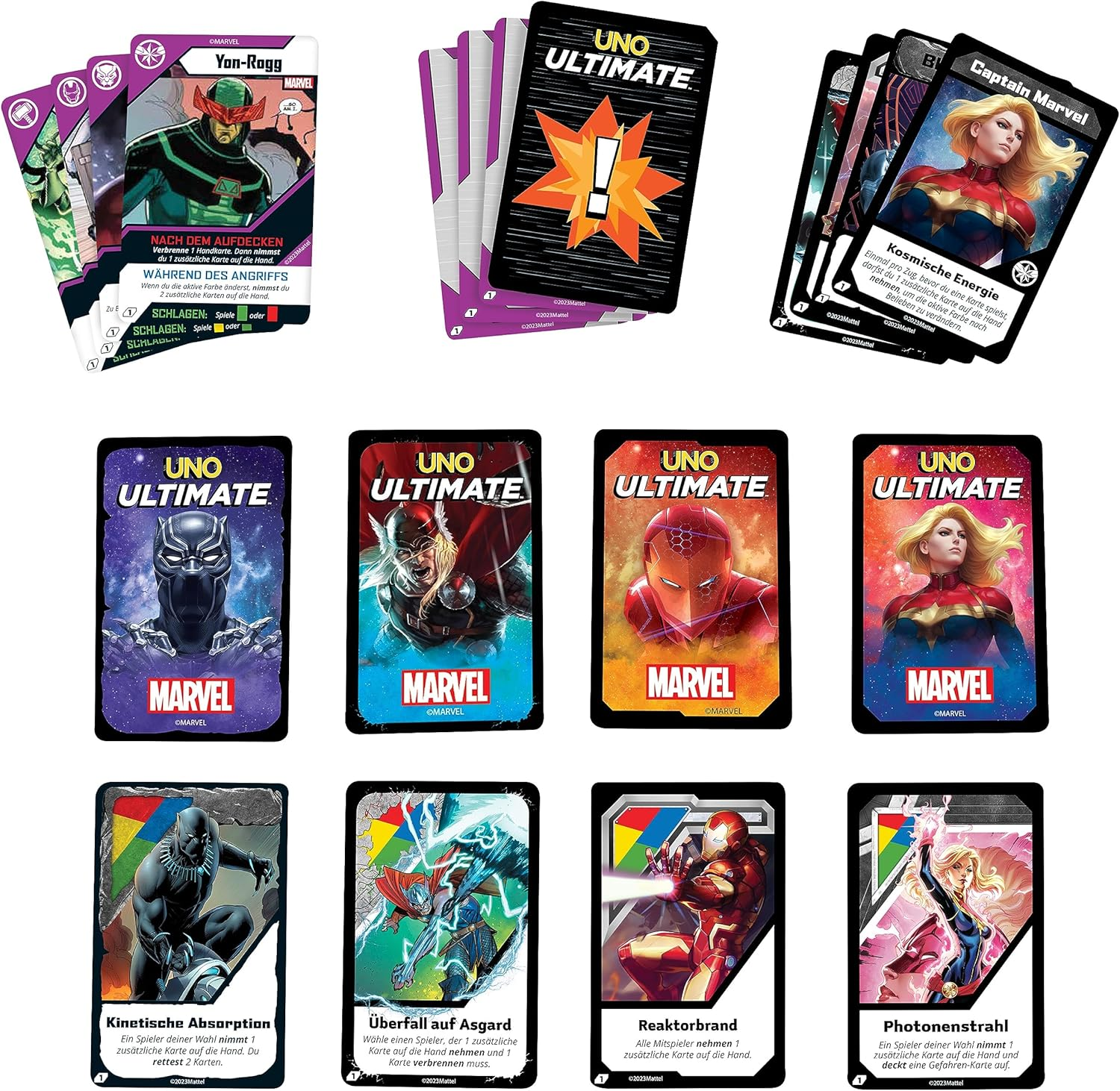 UNO Ultimate Marvel Karten: Yon-Rogg, Captain Marvel, Black Panther, Thor, Iron Man.