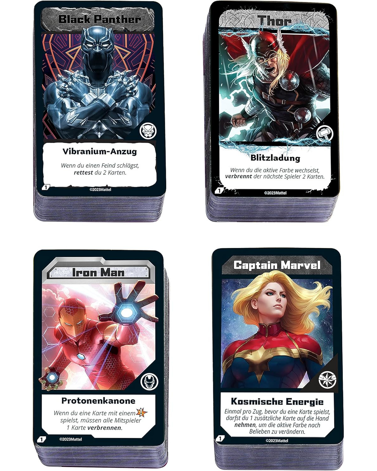 Vier Marvel-Charakterkarten: Black Panther, Thor, Iron Man, Captain Marvel.