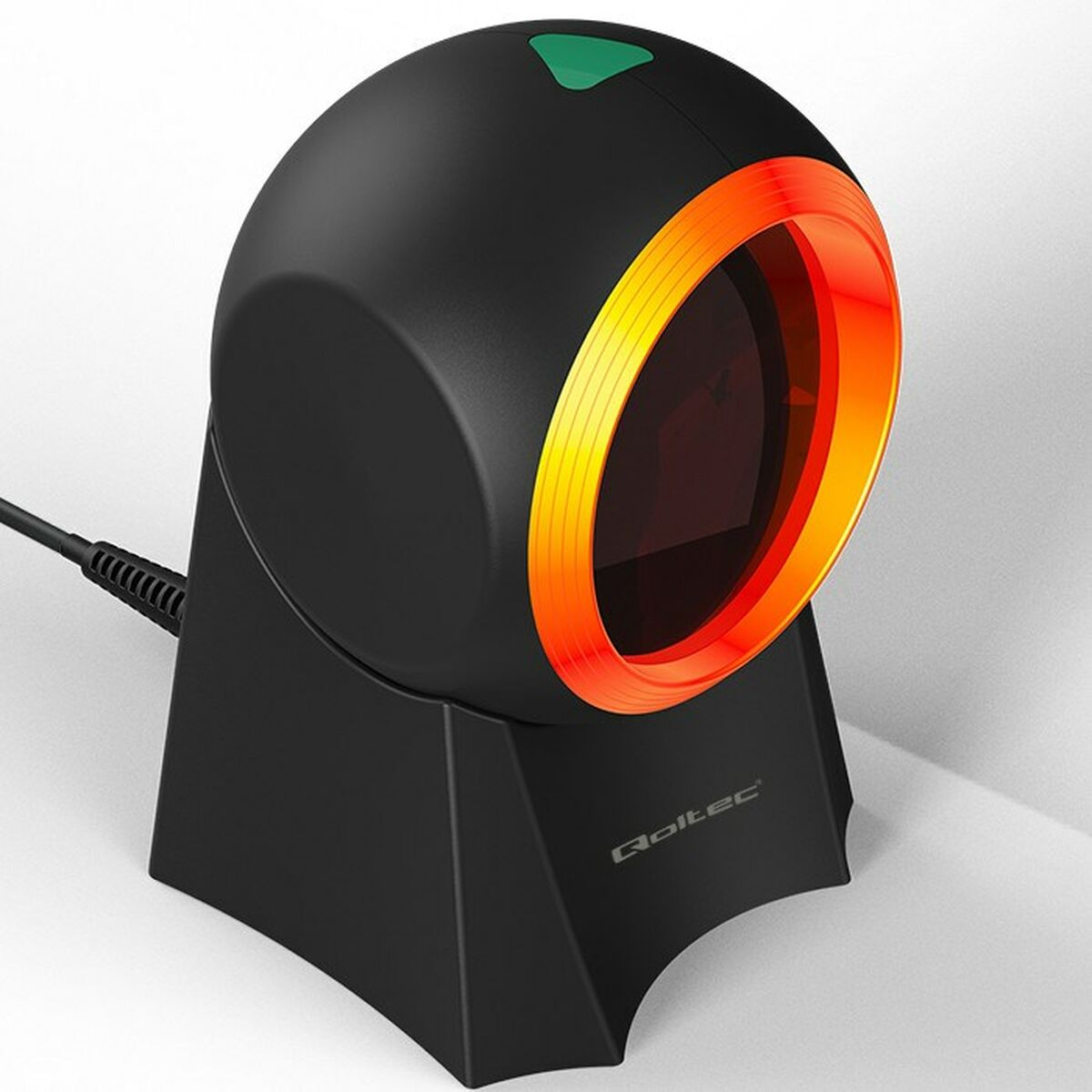 Ein schwarzer omnidirektionaler Barcode-Scanner mit beleuchtetem orangefarbenem Ring steht auf einem Ständer.