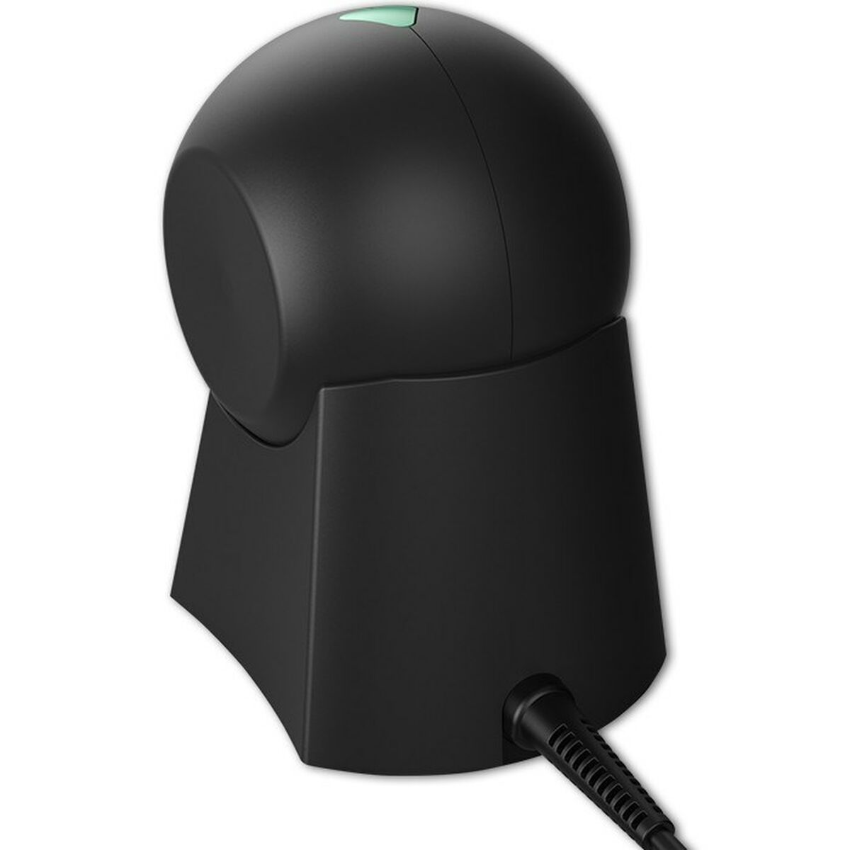 Schwarzer Scanner auf einem Sockel mit grünem Licht und Kabel.