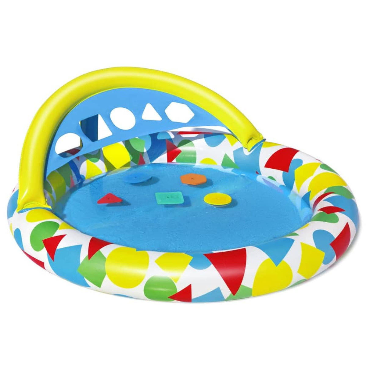 Aufblasbarer Pool mit bunten geometrischen Formen und einem Sonnendach.