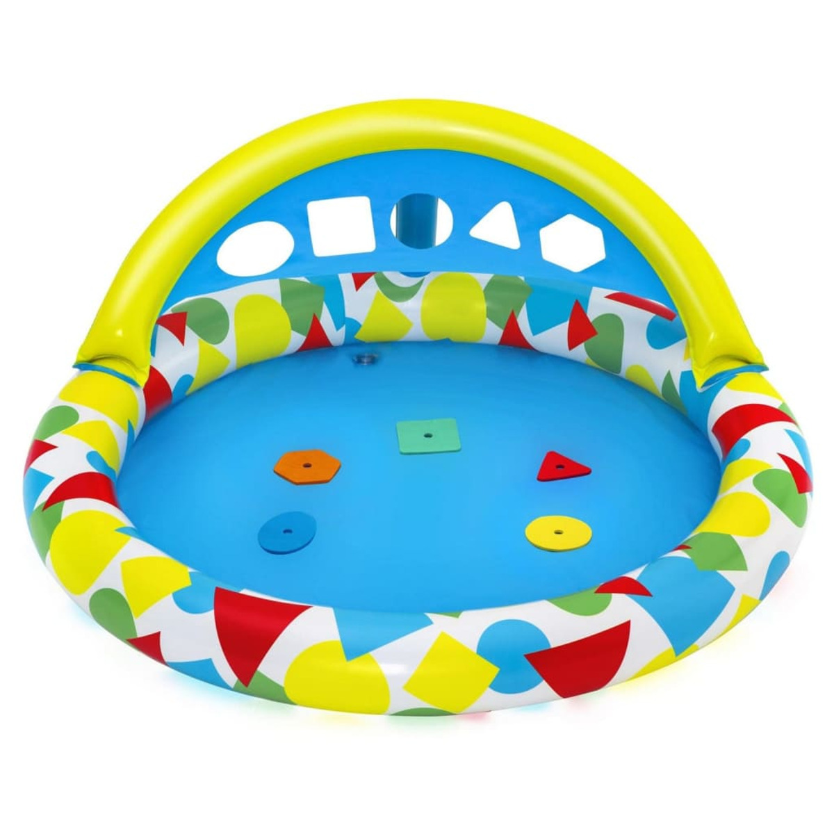 Aufblasbarer Pool mit blauem Boden, buntem Rand und Überdachung mit geometrischen Formen.