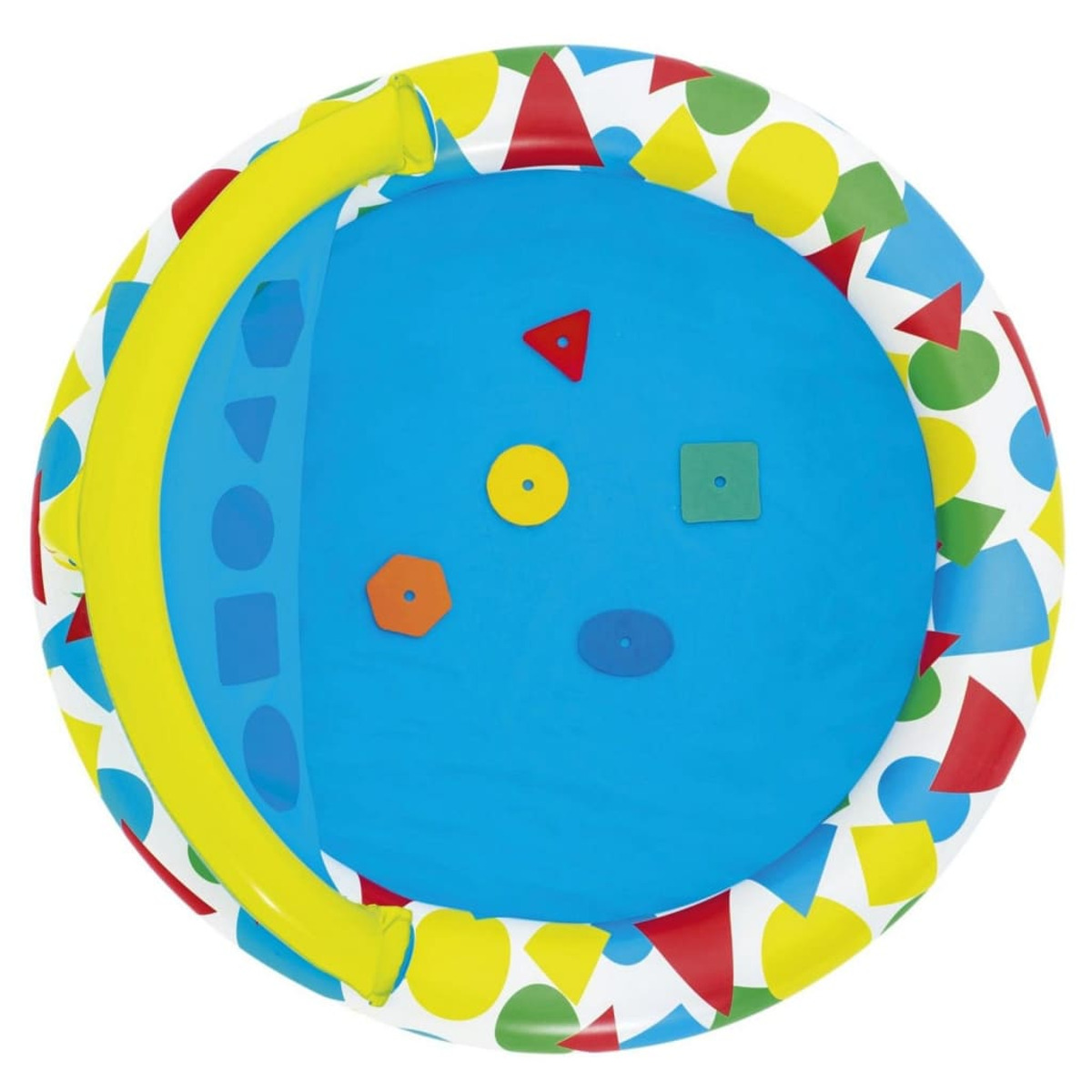 Aufblasbarer Spielpool mit bunter geometrischer Musterung und gelber Rutsche.