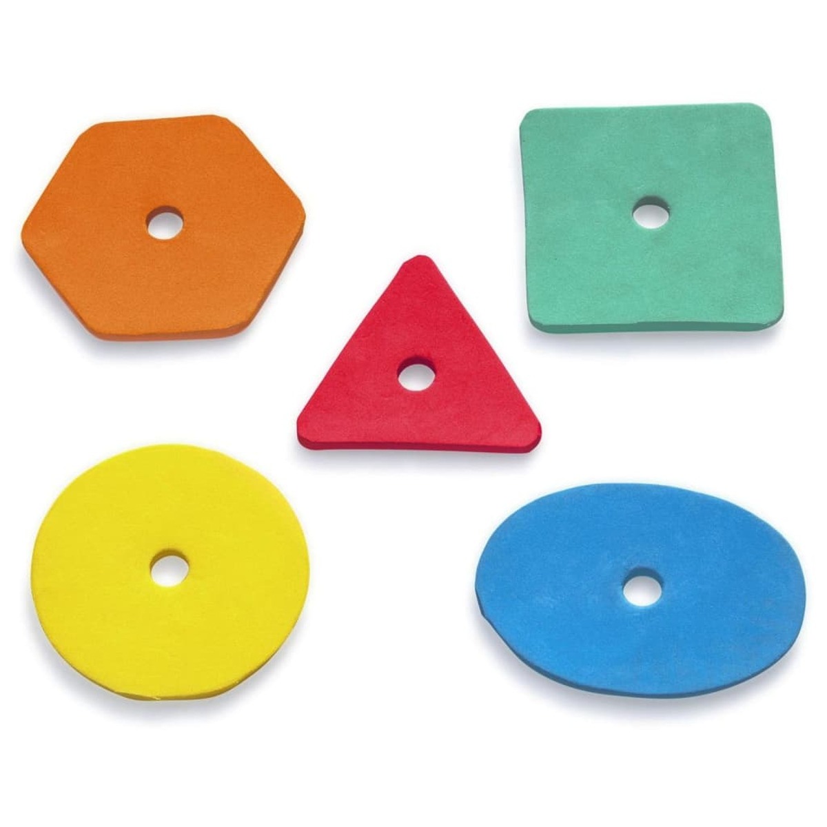 Fünf bunte Schaumstoffformen: orange Sechseck, rotes Dreieck, grünes Quadrat, gelber Kreis, blauer Oval.