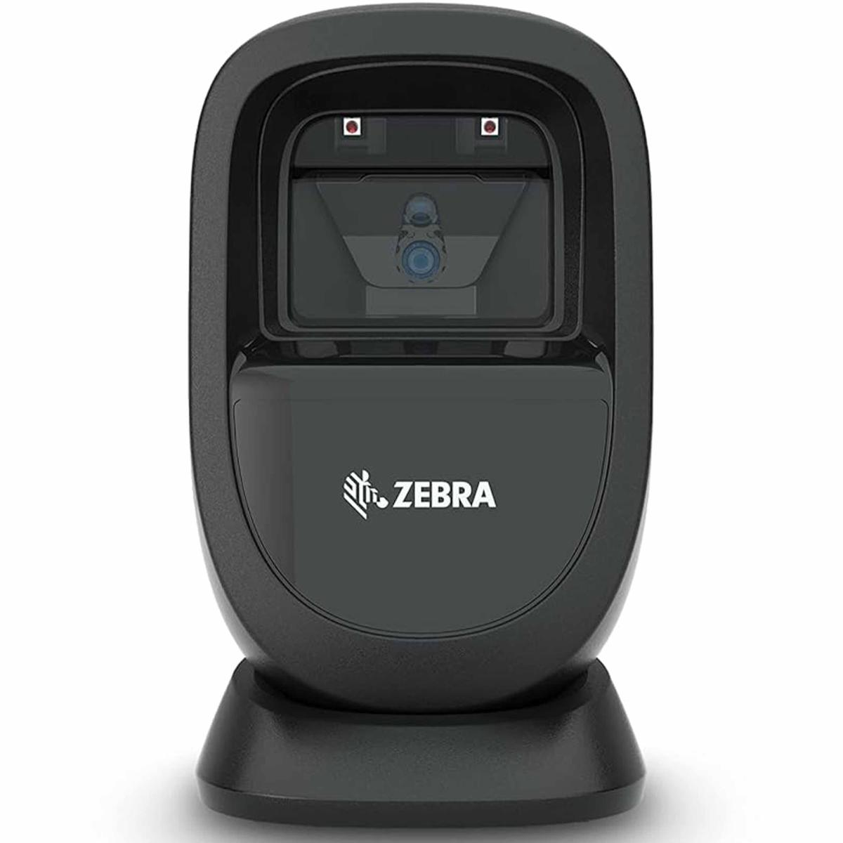 Uno scanner di codici a barre Zebra nero è su una base. Ha una finestra con fotocamera.