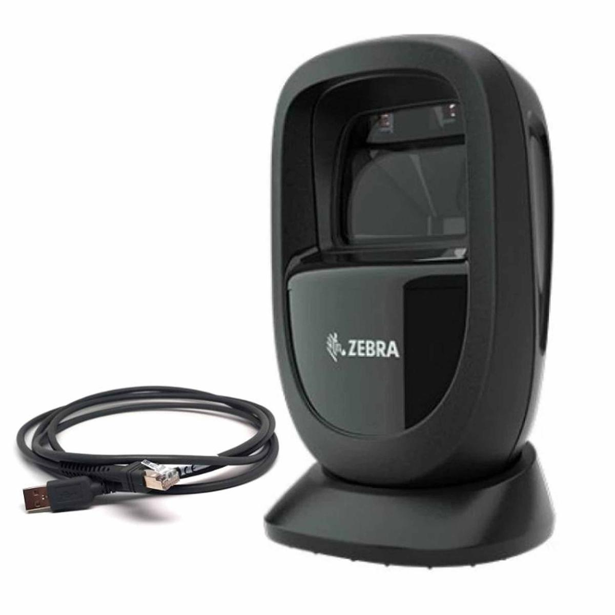Scanner di codici a barre Zebra nero su supporto con cavo USB.