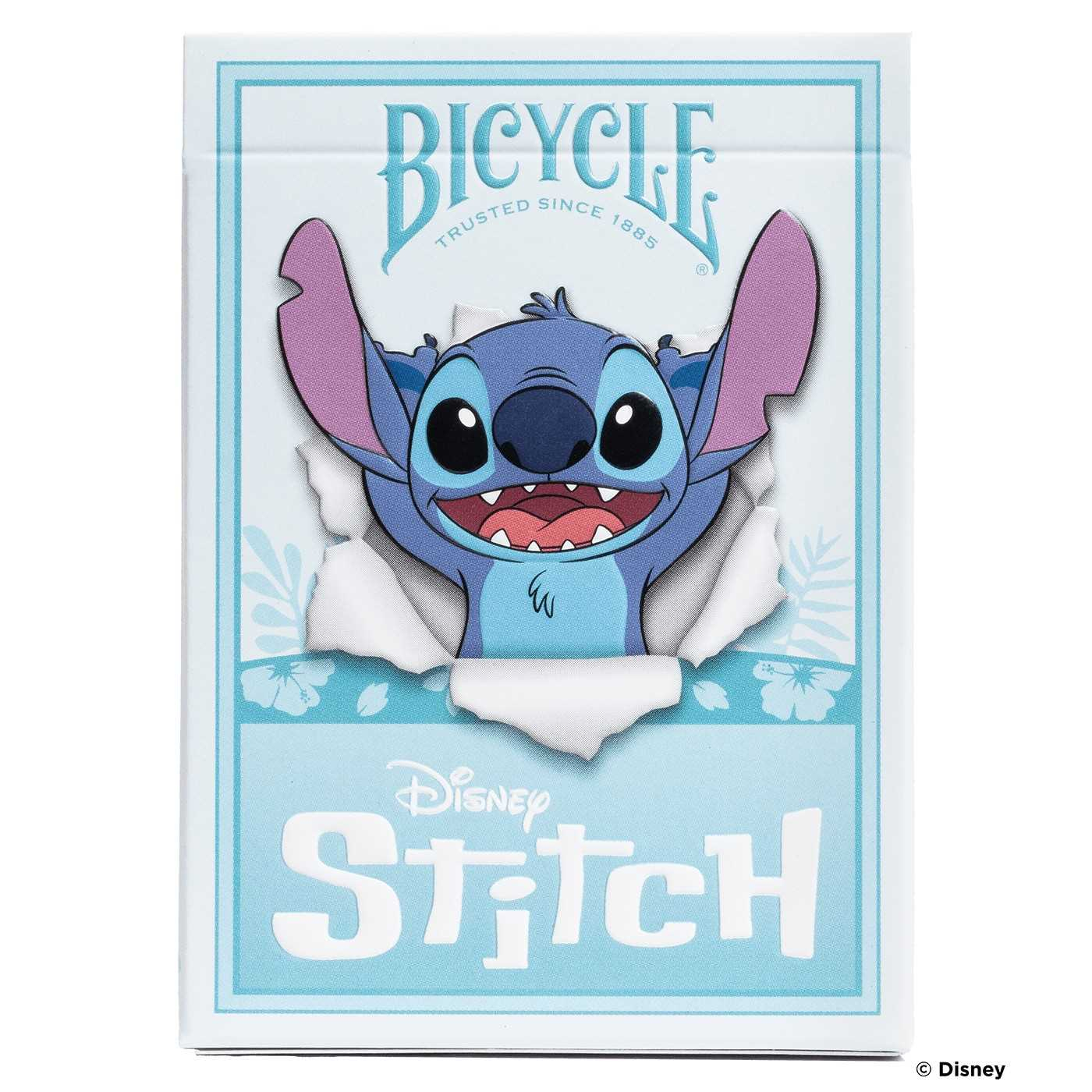 Stitch bricht durch eine blaue Kartonverpackung mit "Bicycle" und "Disney Stitch".