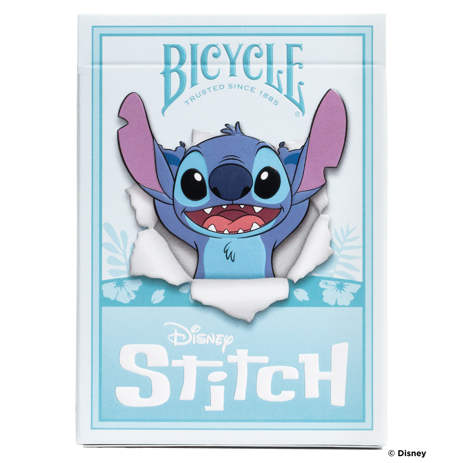 Bicycle Spielkartenschachtel mit Stitch, der durch Papier bricht.