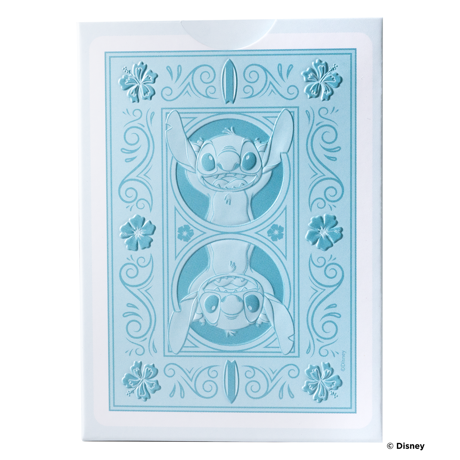 Hellblaue Spielkartenrückseite mit Stitch und Blumen.