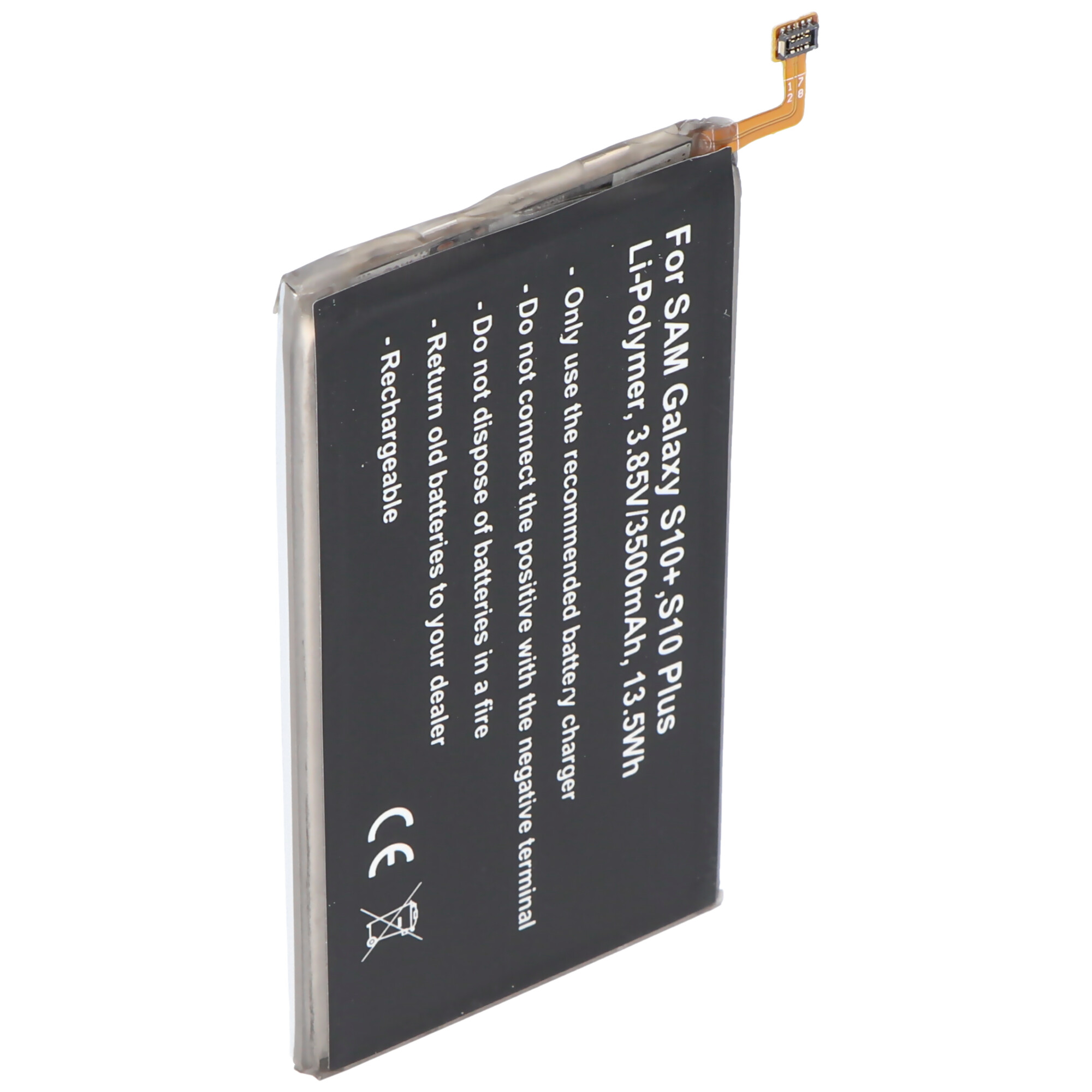 Schwarzer Akku für Samsung Galaxy S10+, Li-Polymer, 3,85V, mit Kabel.