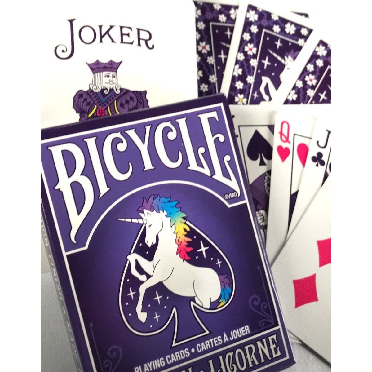 Lila Fahrrad Spielkarten mit Einhorn und Joker-Karte.