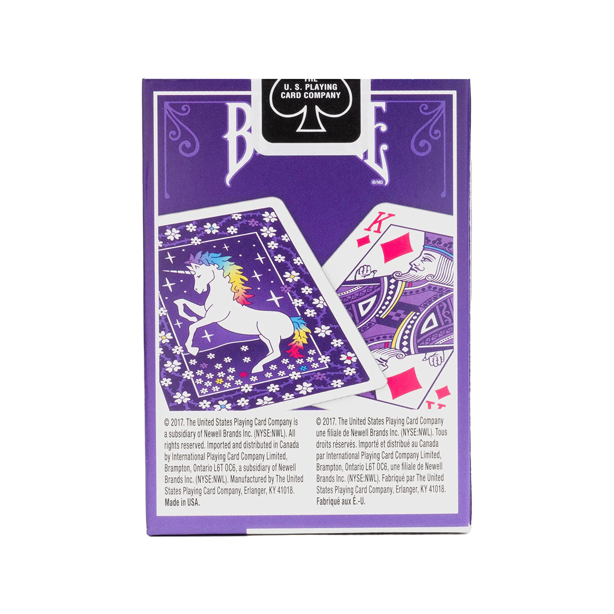 Lila Spielkartenbox mit Einhorn und Königskarte. U.S. Playing Card Co.