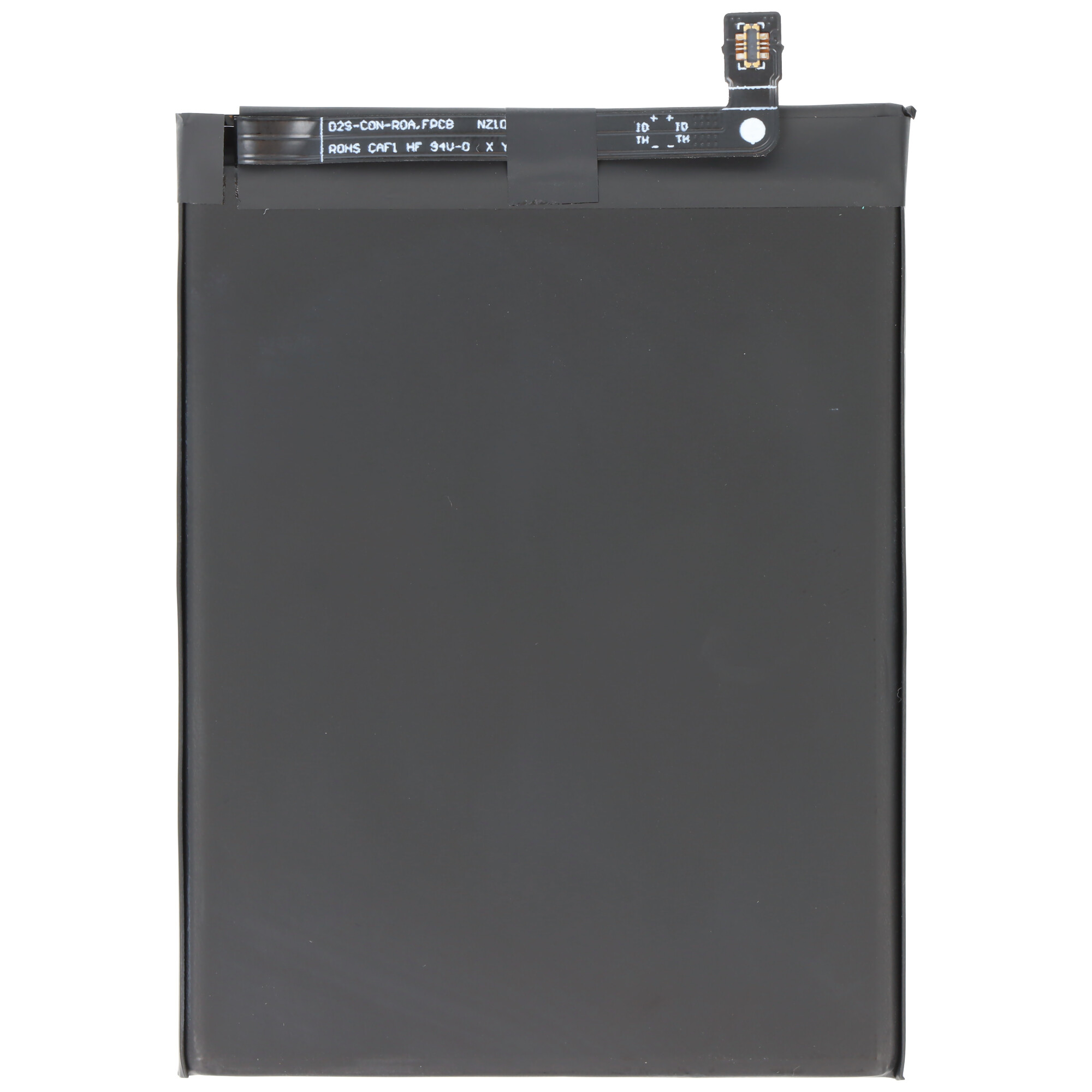 Batteria nera con cavo piatto e testo. Sfondo bianco.