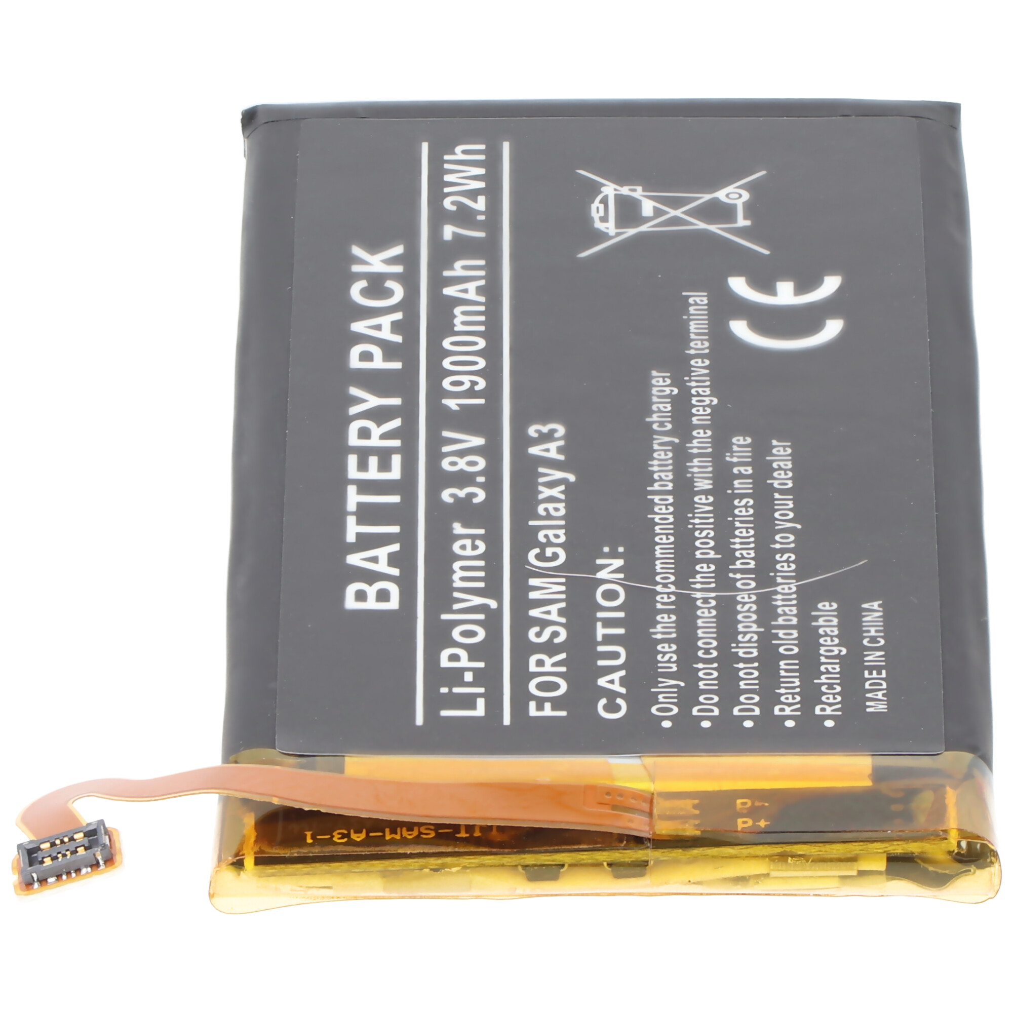 Schwarzer Akku für Samsung Galaxy A3, 3,8V, 1900mAh, mit Kabel und Stecker.