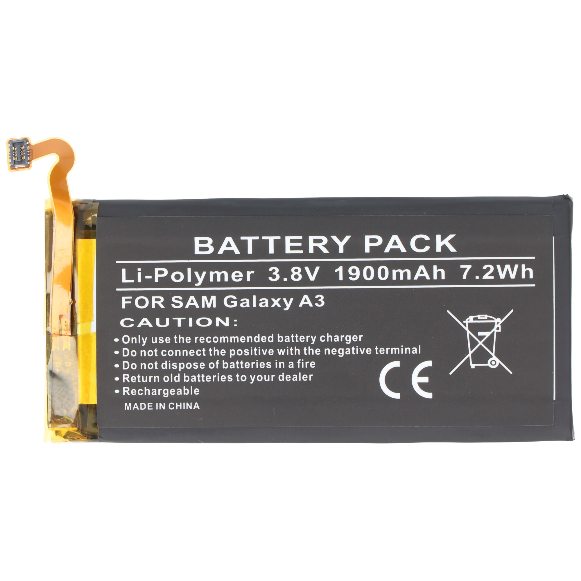 Li-Polymer Akku für Samsung Galaxy A3, 3.8V, 1900mAh, 7.2Wh.