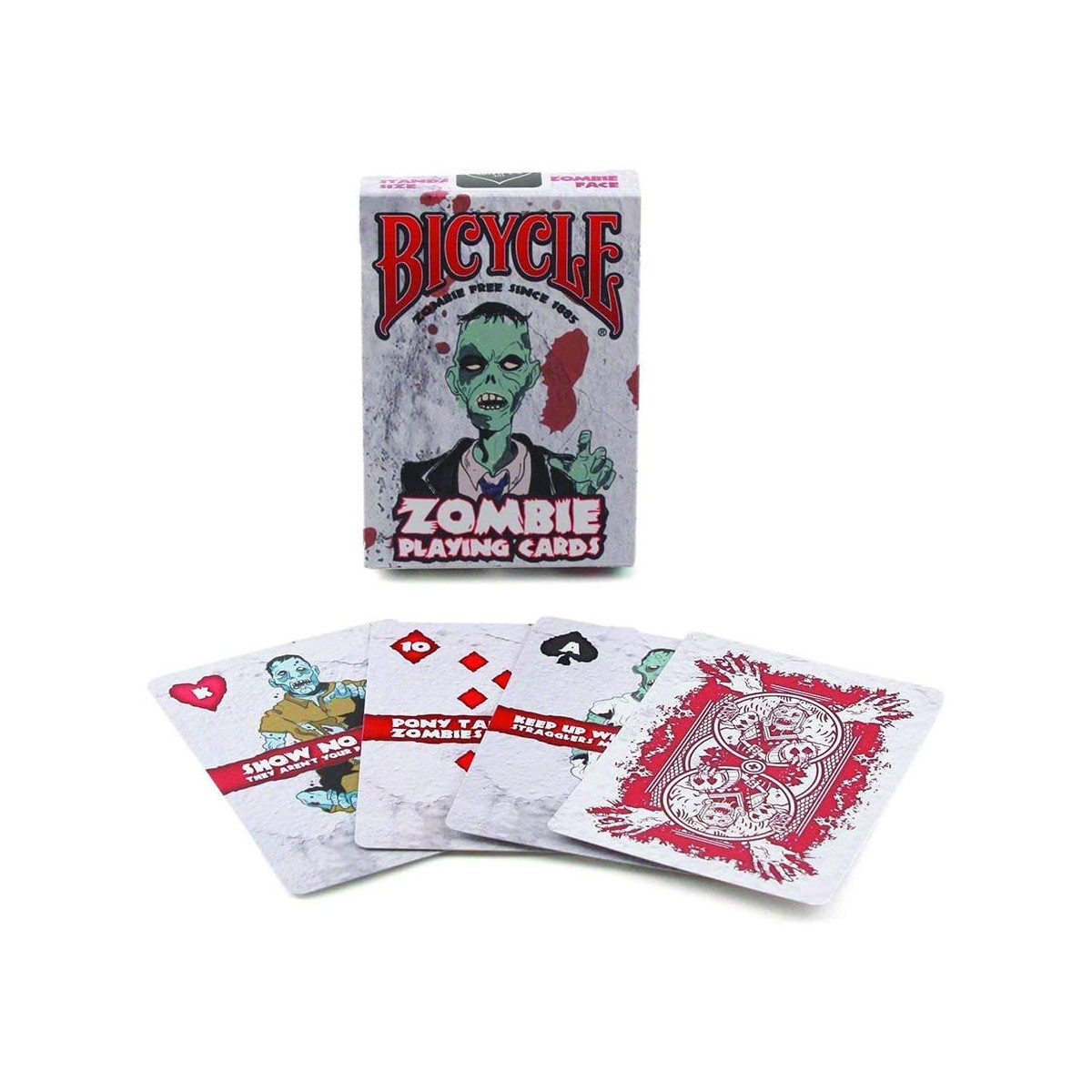 Ein Kartenspiel mit Zombie-Motiv von Bicycle, mit einer Kartenbox und vier aufgedeckten Karten.