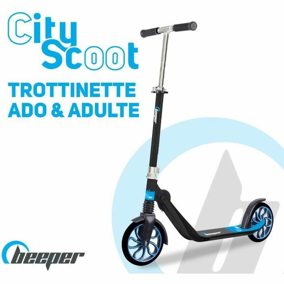 Ein schwarzer Roller mit blauen Akzenten steht auf weißem Grund.