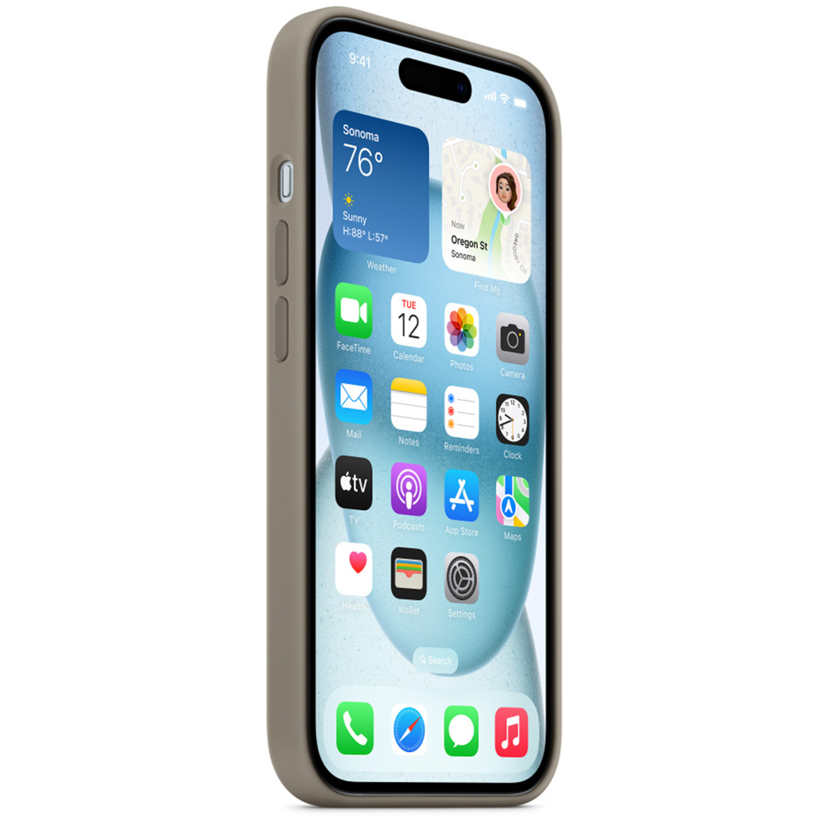 Een grijze iPhone met een taupekleurige hoes toont diverse app-iconen op het scherm.