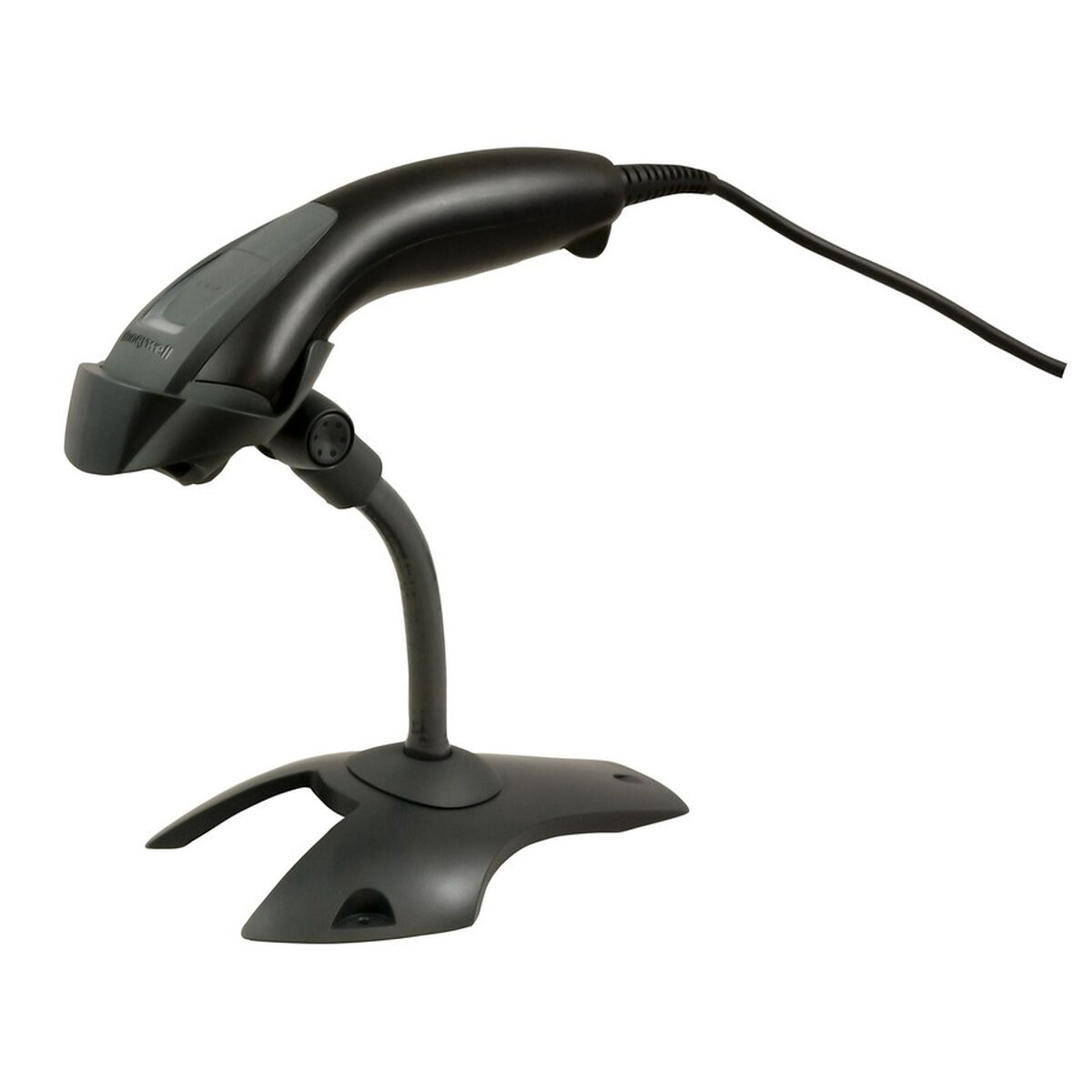 Ein schwarzer Barcode-Scanner auf einem Ständer, mit Kabel.