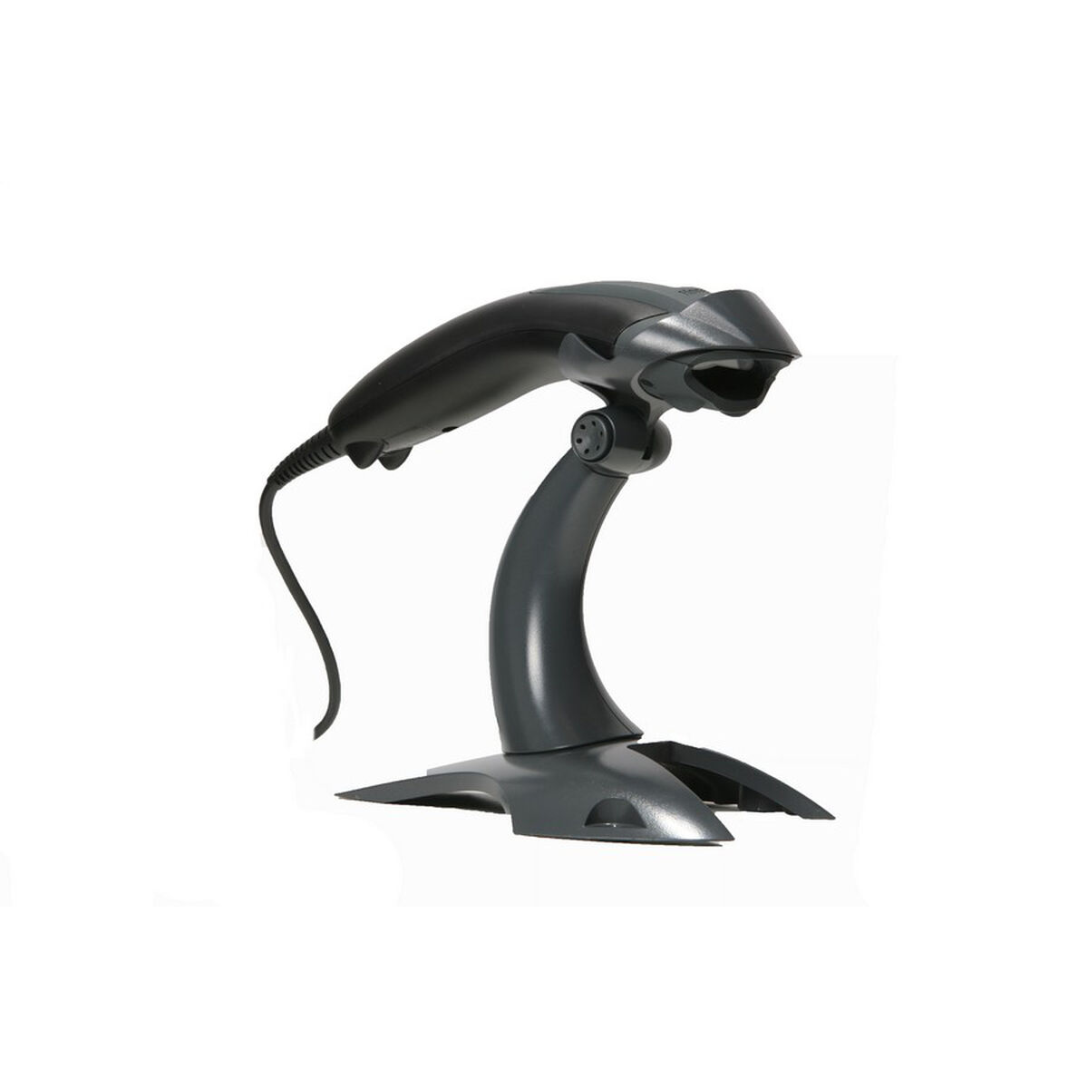 Ein schwarzer Barcode-Scanner auf einem grauen Ständer, weißer Hintergrund.