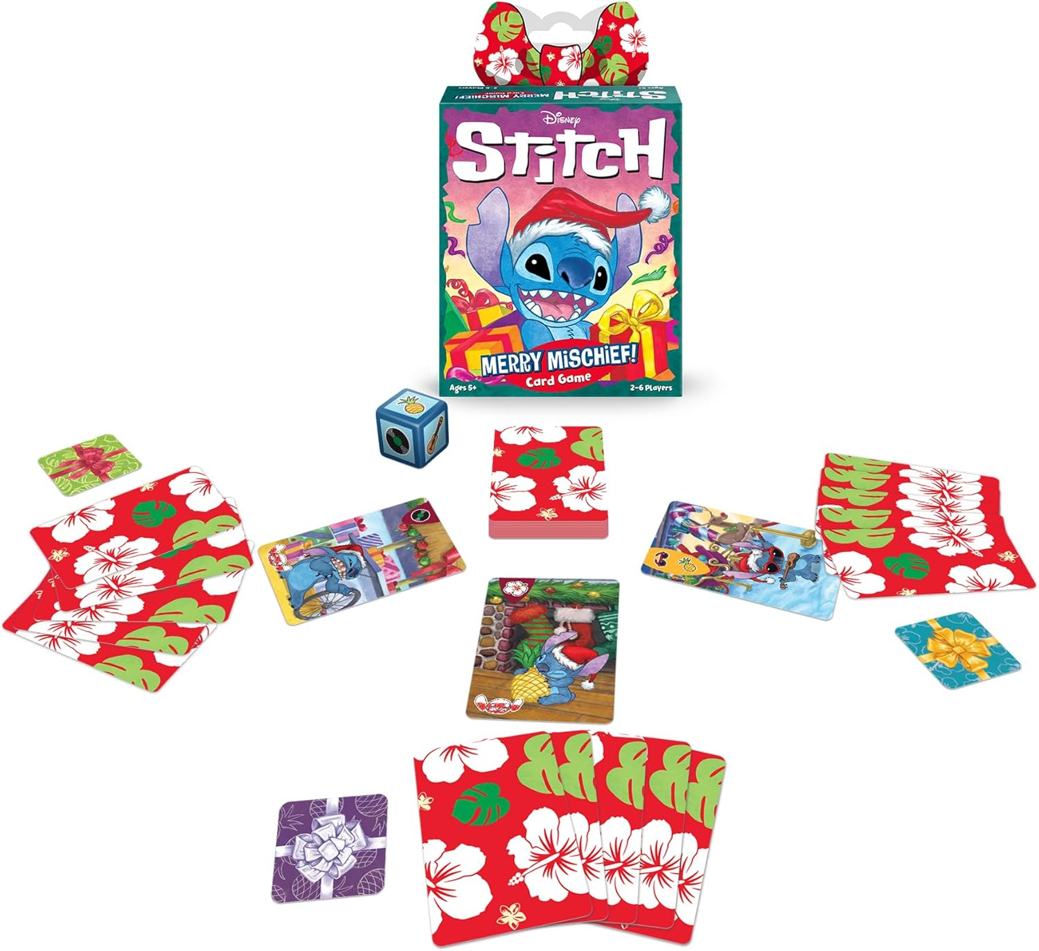 Stitch Kartenspiel mit Weihnachtsmotiv. Spielkarten, Würfel und Box.